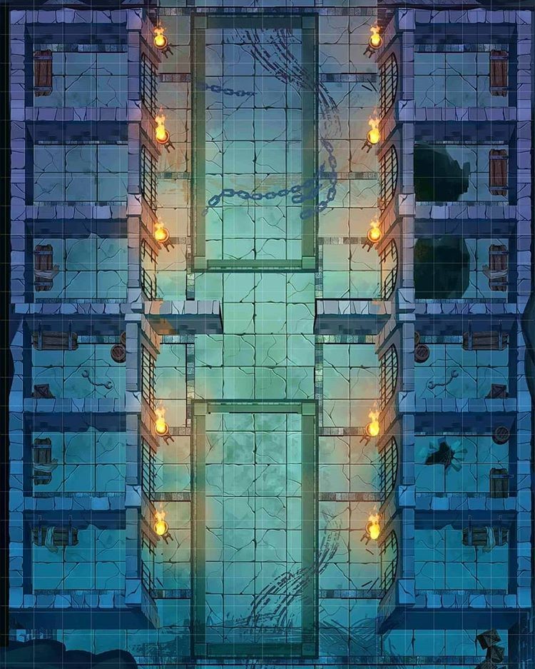 prison map dnd, carte de JDR fantasy (750×937 pixels) — battlemap pour Roll20 et Foundry VTT.