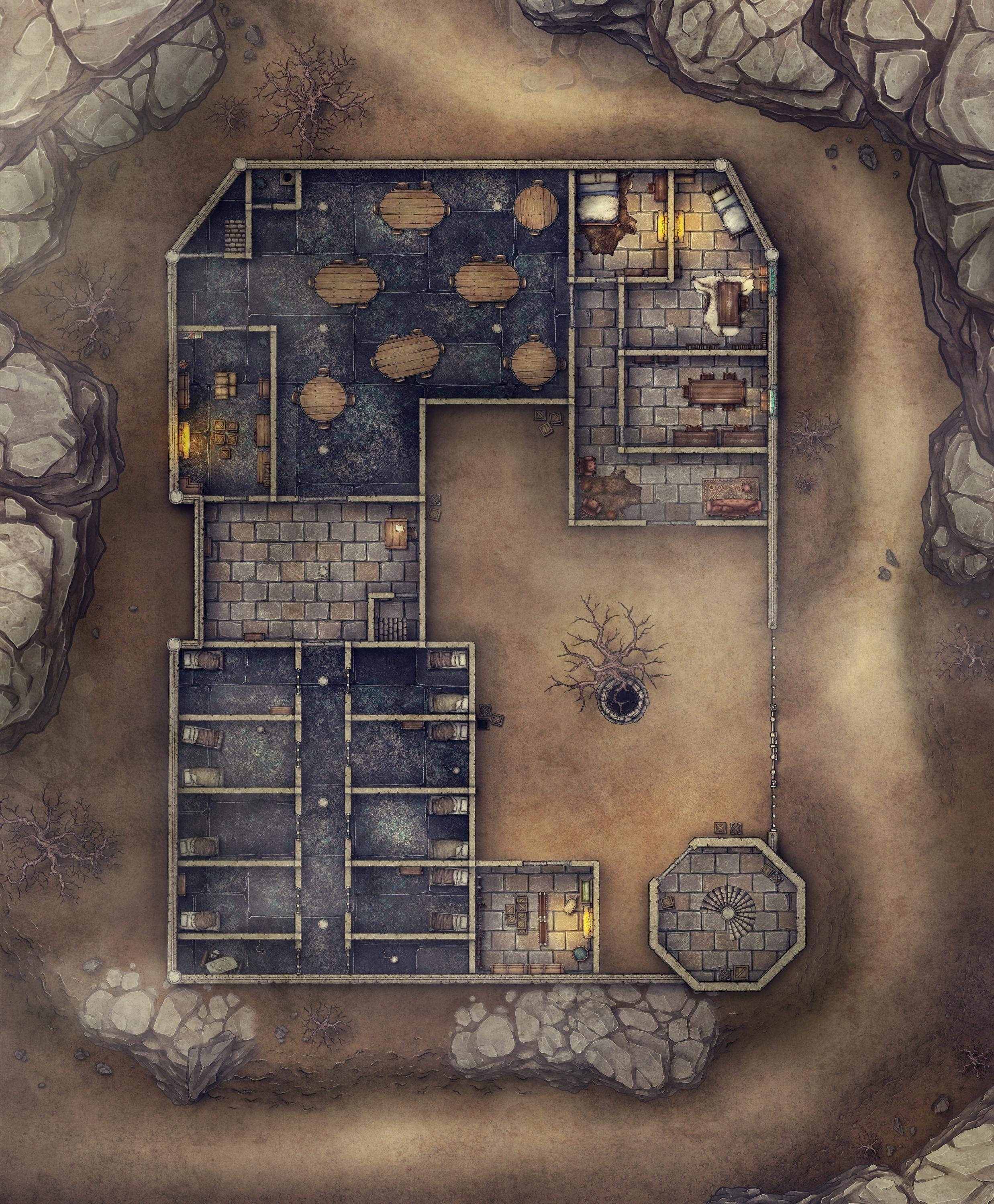 prison map dnd, carte de JDR fantasy (2475×3000 pixels) — battlemap pour Roll20 et Foundry VTT.