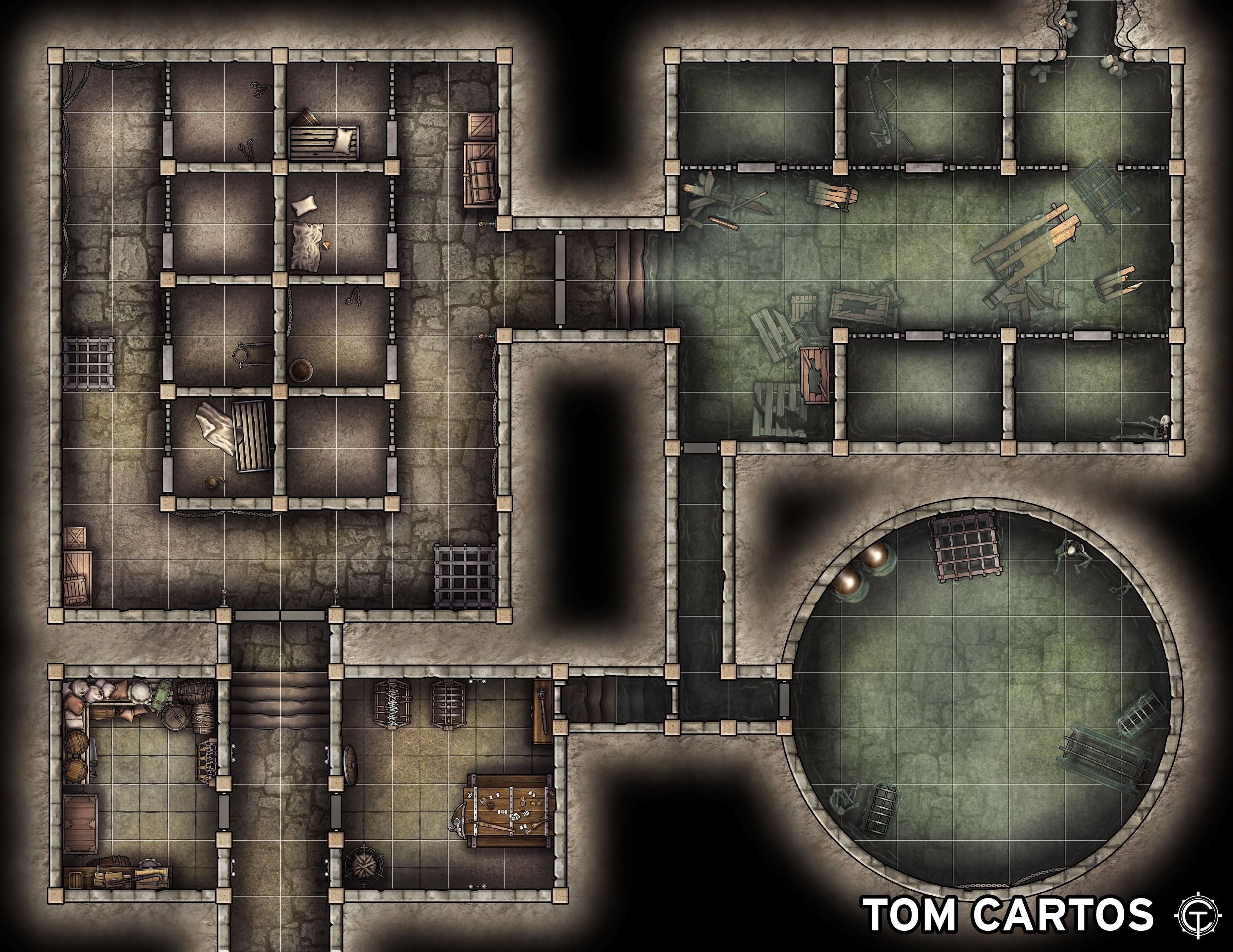 prison map dnd, carte de JDR fantasy (3080×2380 pixels) — battlemap pour Roll20 et Foundry VTT.