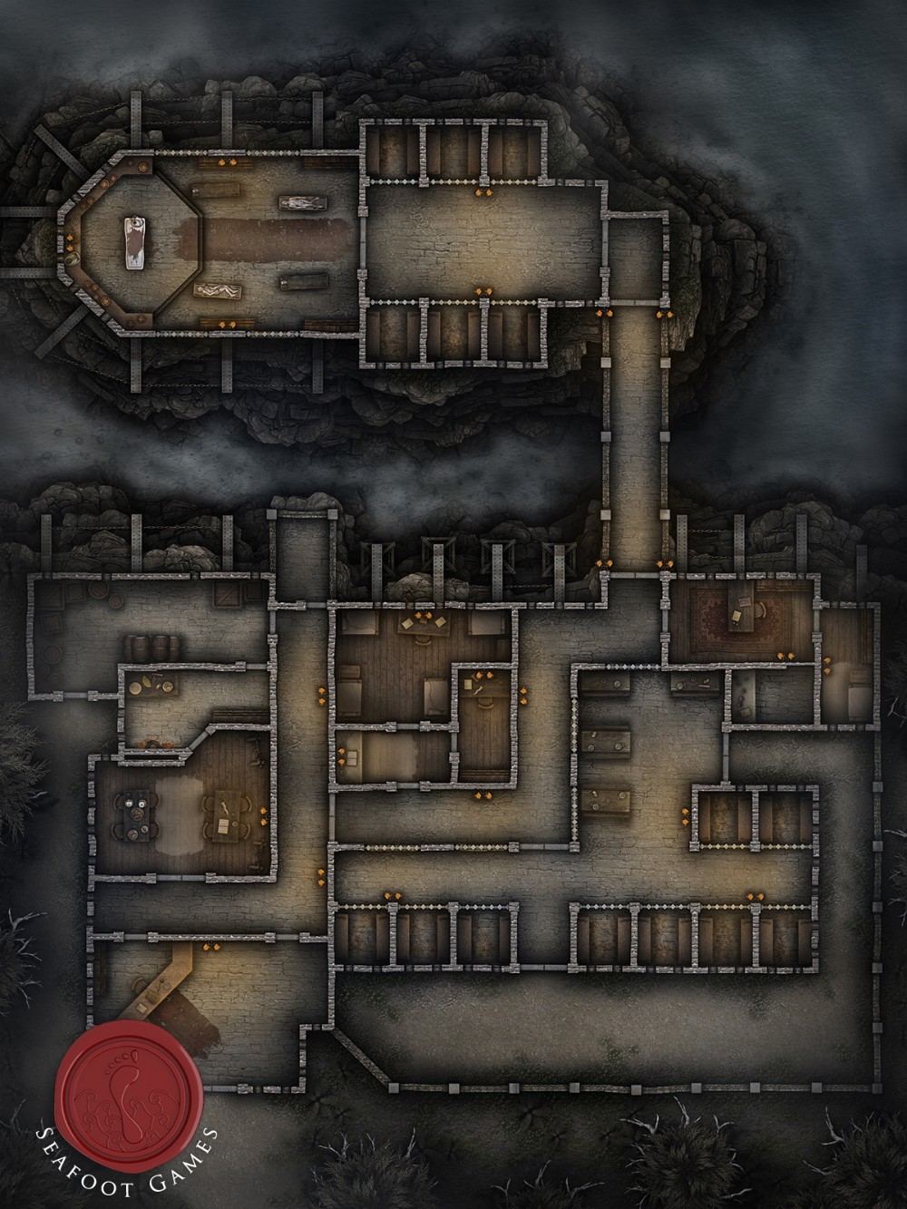 prison map dnd, carte de JDR fantasy (1000×1333 pixels) — battlemap pour Roll20 et Foundry VTT.