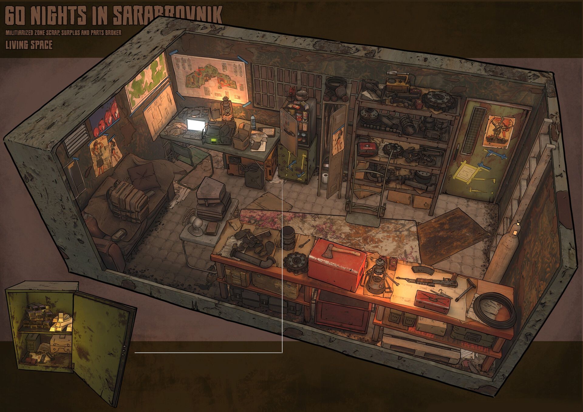 raider hideout map, carte de JDR post-apocalyptique (1920×1358 pixels) — battlemap pour Roll20 et Foundry VTT.