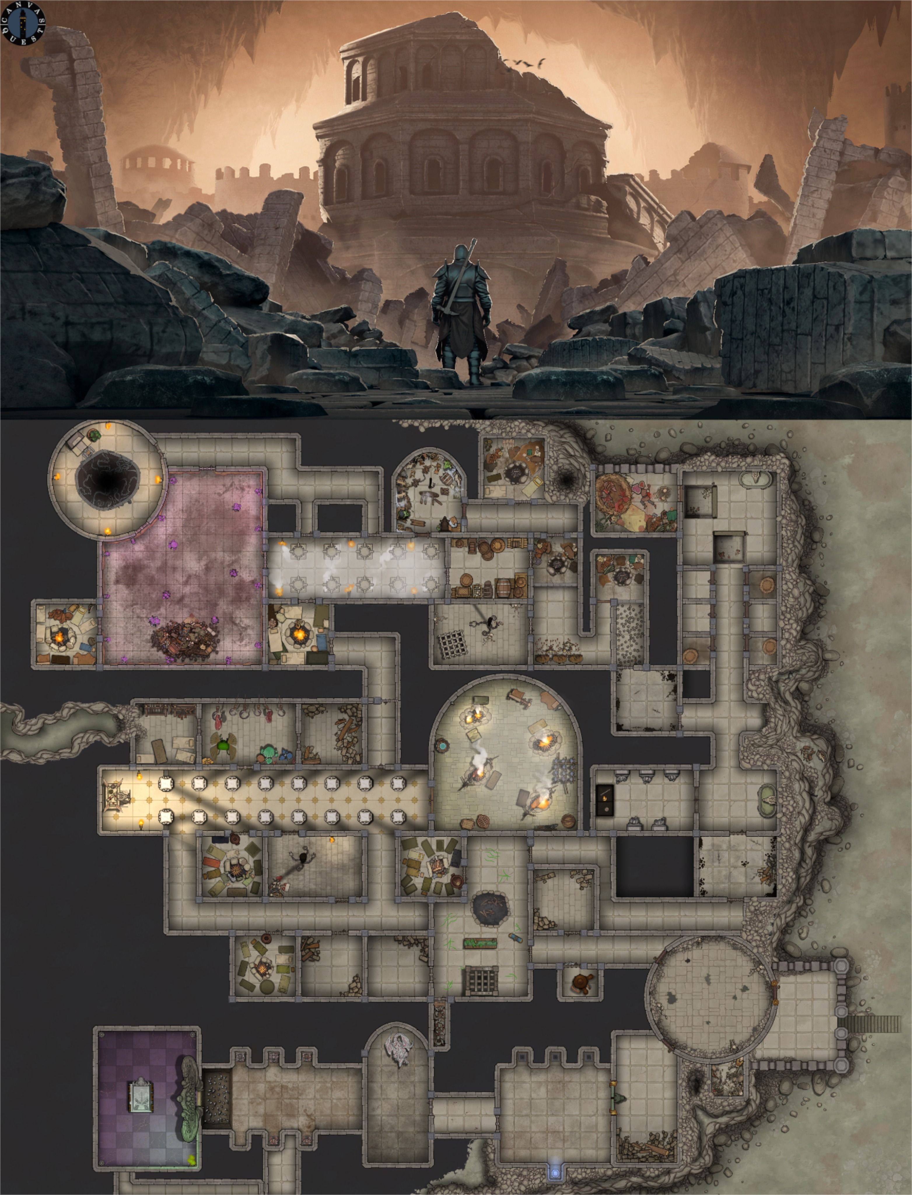 raider hideout map, carte de JDR post-apocalyptique (3127×4097 pixels) — battlemap pour Roll20 et Foundry VTT.