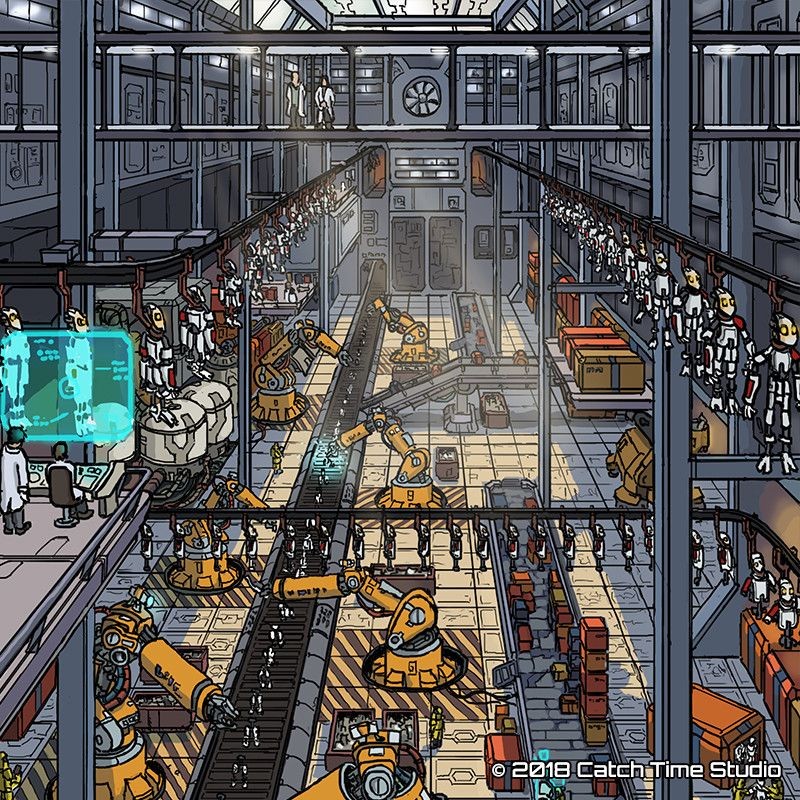 robot factory map, carte de JDR science-fiction (800×800 pixels) — battlemap pour Roll20 et Foundry VTT.