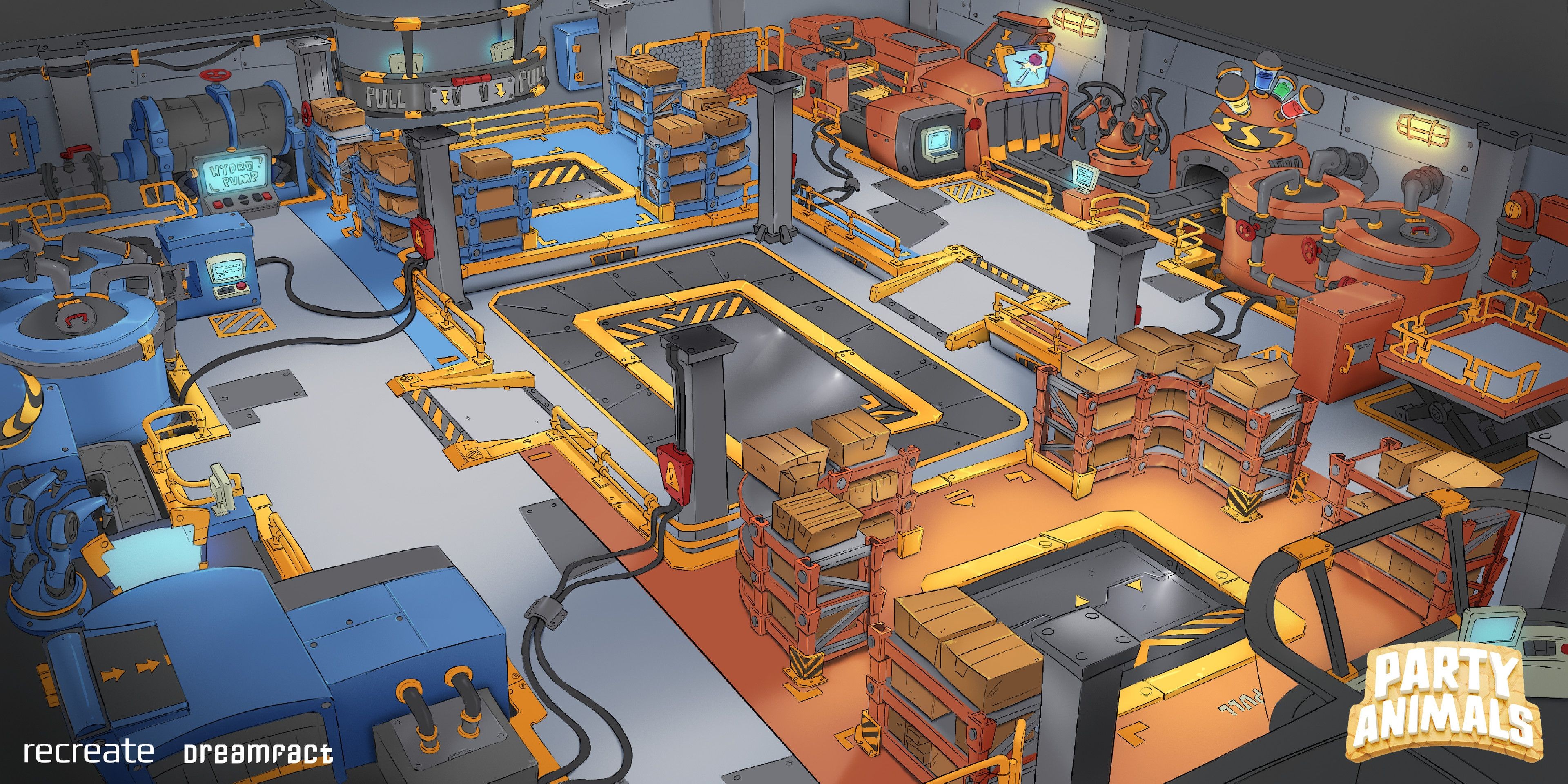 robot factory map, carte de JDR science-fiction (3840×1920 pixels) — battlemap pour Roll20 et Foundry VTT.