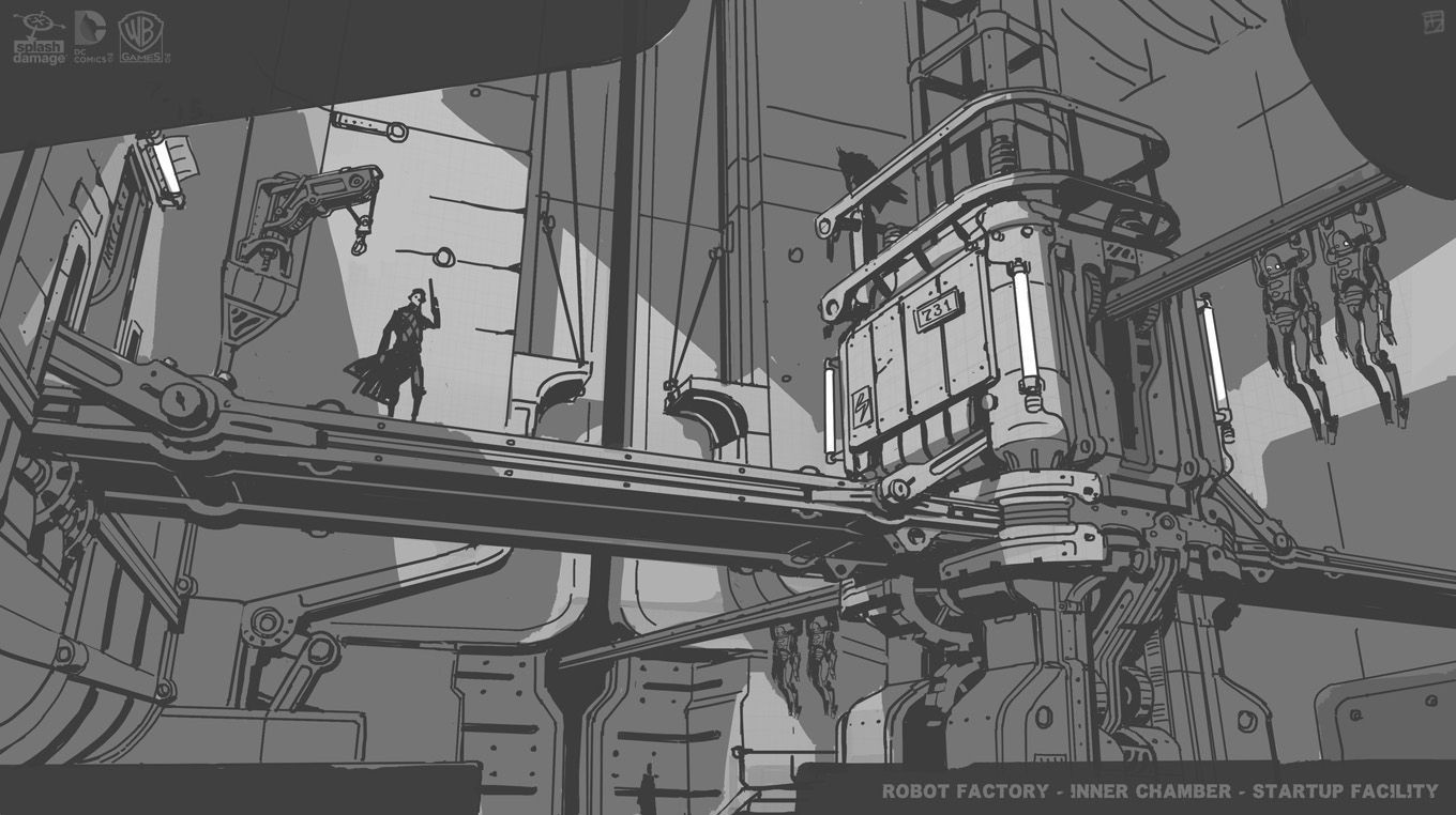 robot factory map, carte de JDR science-fiction (1360×762 pixels) — battlemap pour Roll20 et Foundry VTT.