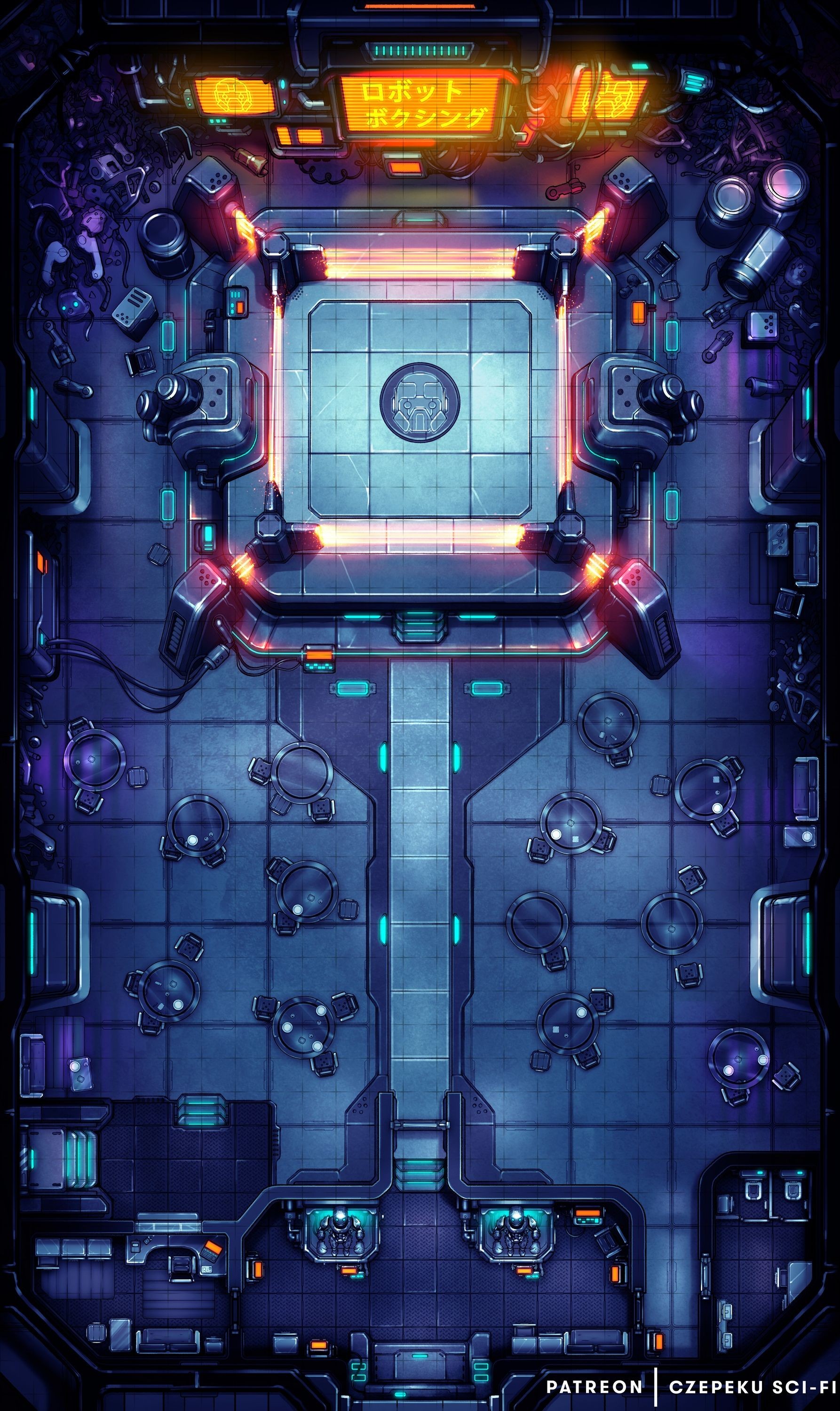 robot factory map, carte de JDR science-fiction (1786×3000 pixels) — battlemap pour Roll20 et Foundry VTT.