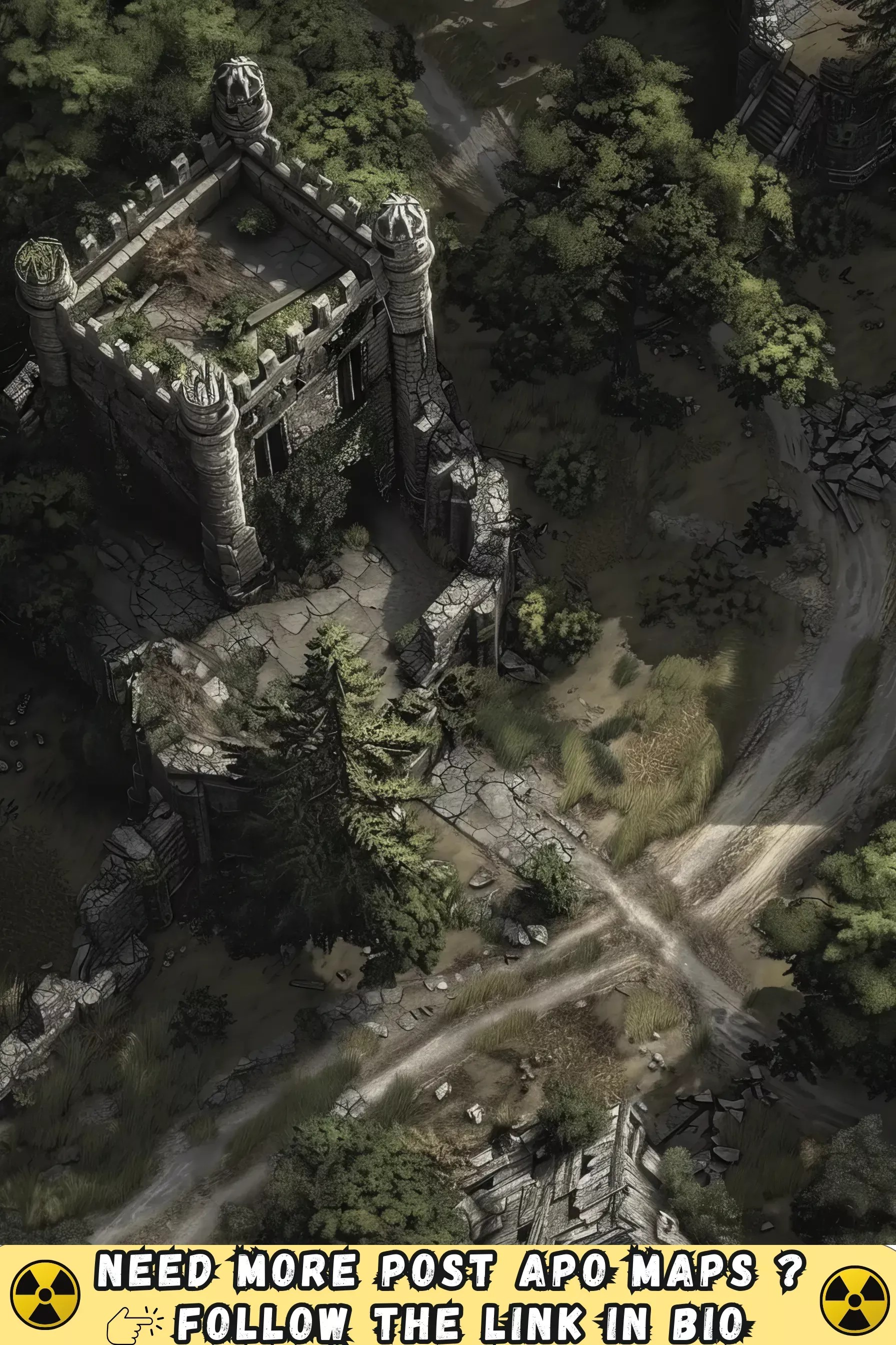 ruined castle wasteland map, carte de JDR post-apocalyptique (1792×2688 pixels) — battlemap pour Roll20 et Foundry VTT.