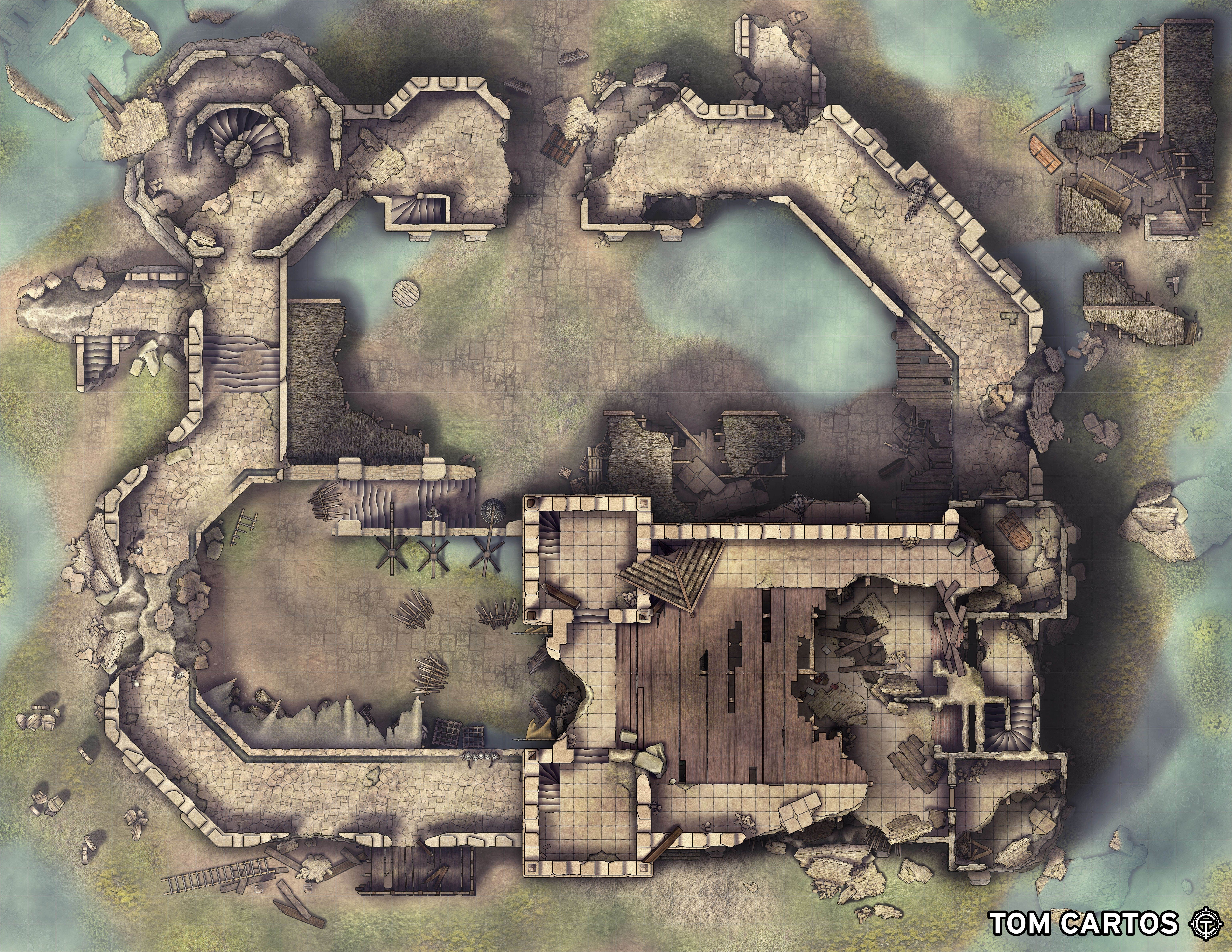 ruined castle wasteland map, carte de JDR post-apocalyptique (6160×4760 pixels) — battlemap pour Roll20 et Foundry VTT.