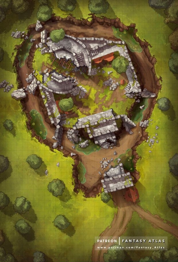ruined castle wasteland map, carte de JDR post-apocalyptique (620×911 pixels) — battlemap pour Roll20 et Foundry VTT.