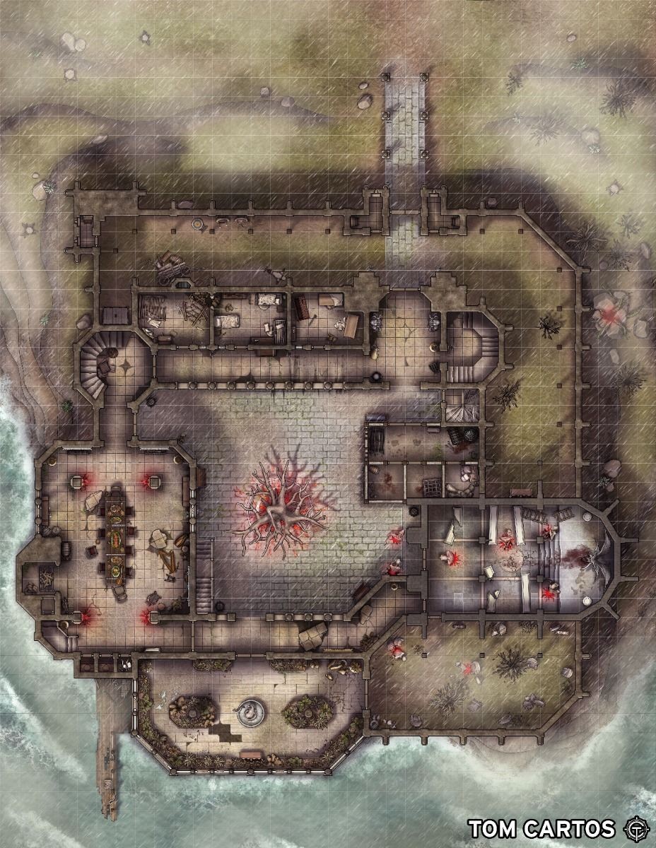 ruined castle wasteland map, carte de JDR post-apocalyptique (928×1200 pixels) — battlemap pour Roll20 et Foundry VTT.