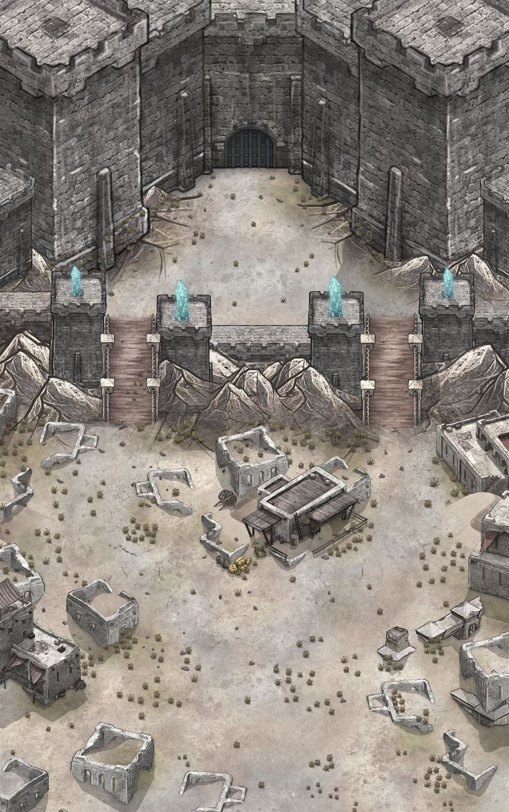 ruined castle wasteland map, carte de JDR post-apocalyptique (736×1175 pixels) — battlemap pour Roll20 et Foundry VTT.