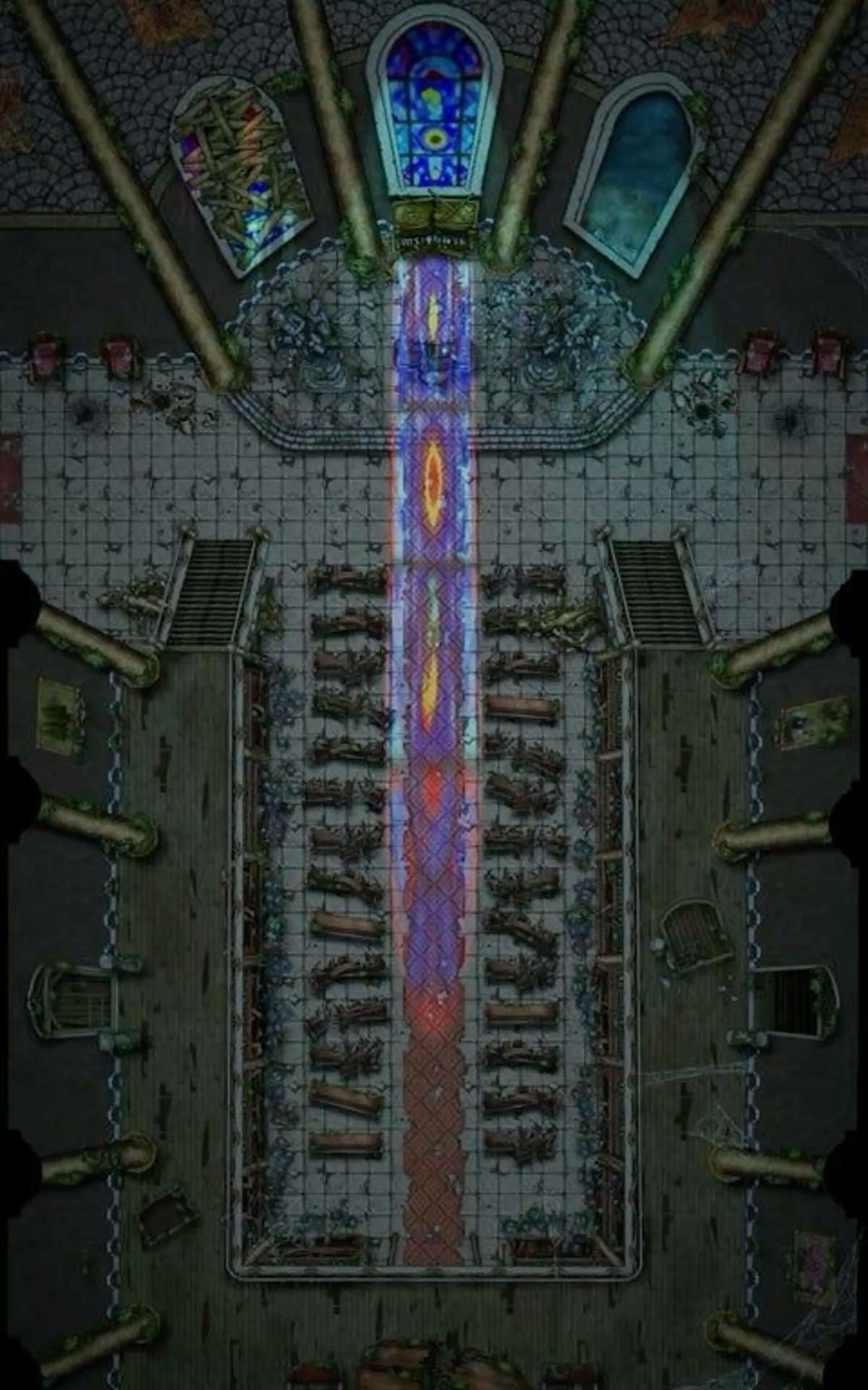 ruined church map, carte de JDR post-apocalyptique (1138×1821 pixels) — battlemap pour Roll20 et Foundry VTT.