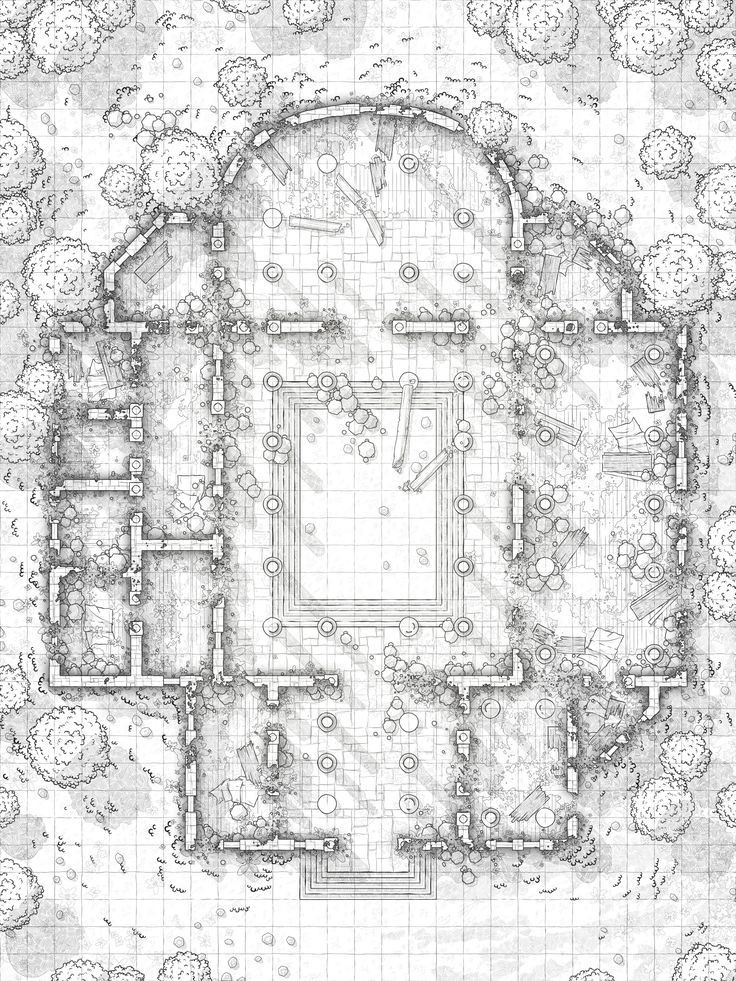 ruined church map, carte de JDR post-apocalyptique (736×981 pixels) — battlemap pour Roll20 et Foundry VTT.