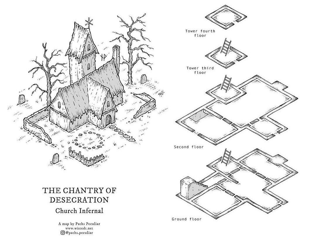 ruined church map, carte de JDR post-apocalyptique (1080×842 pixels) — battlemap pour Roll20 et Foundry VTT.