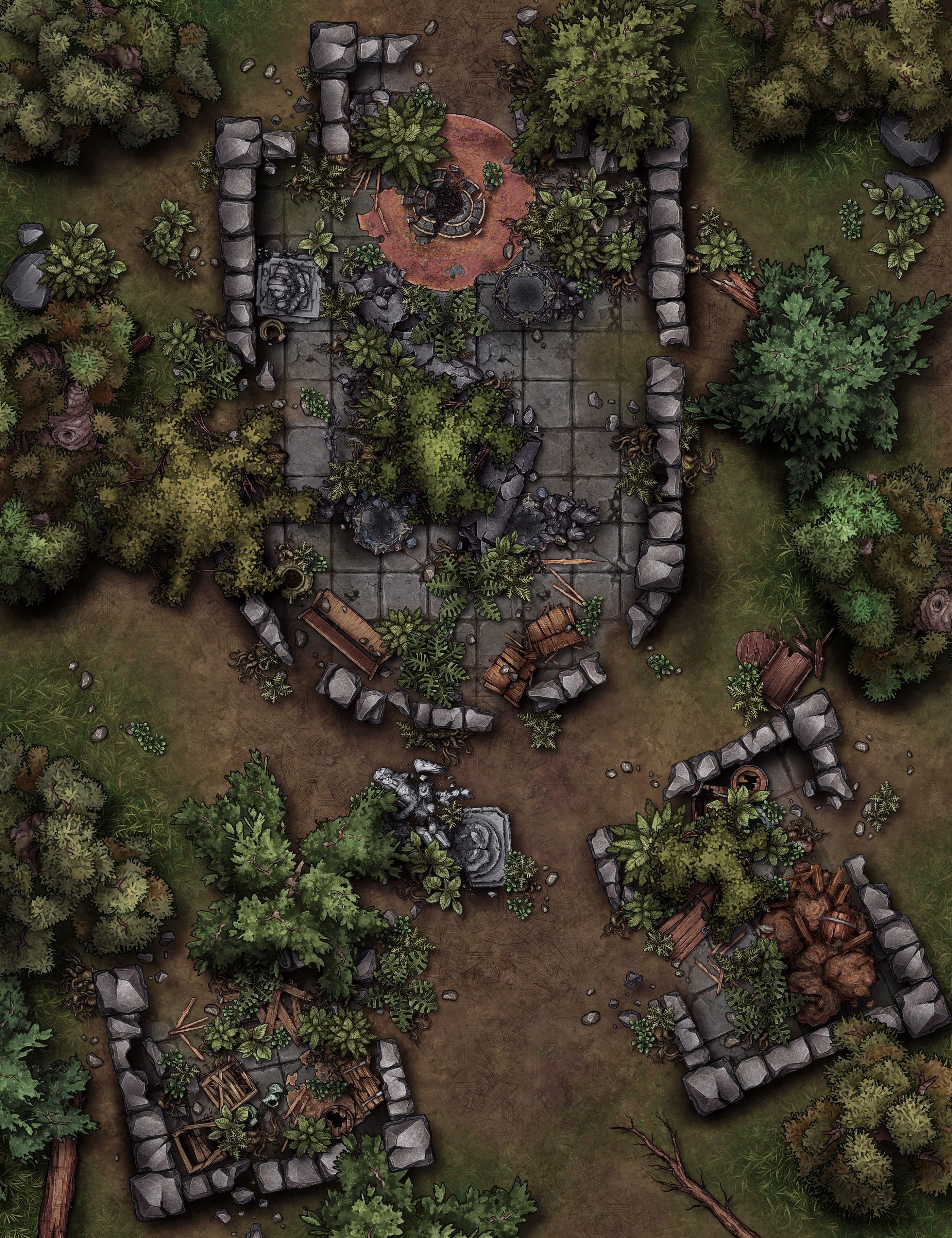 ruined church map, carte de JDR post-apocalyptique (2800×3641 pixels) — battlemap pour Roll20 et Foundry VTT.