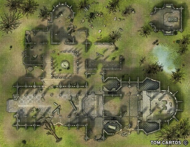 ruined church map, carte de JDR post-apocalyptique (620×479 pixels) — battlemap pour Roll20 et Foundry VTT.