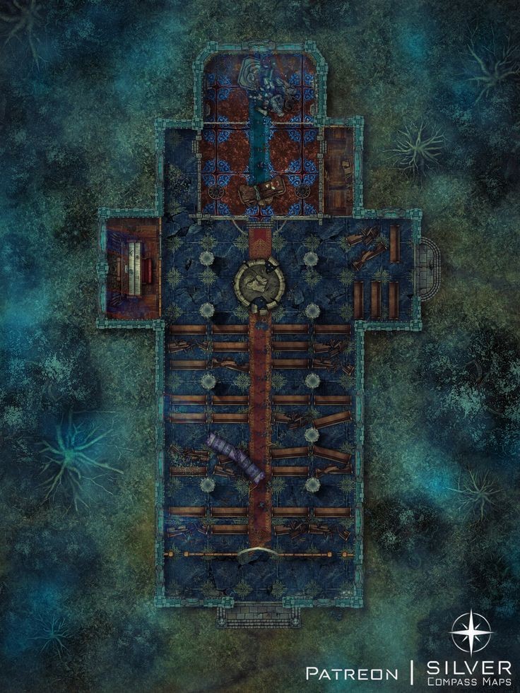 ruined church map, carte de JDR post-apocalyptique (736×981 pixels) — battlemap pour Roll20 et Foundry VTT.