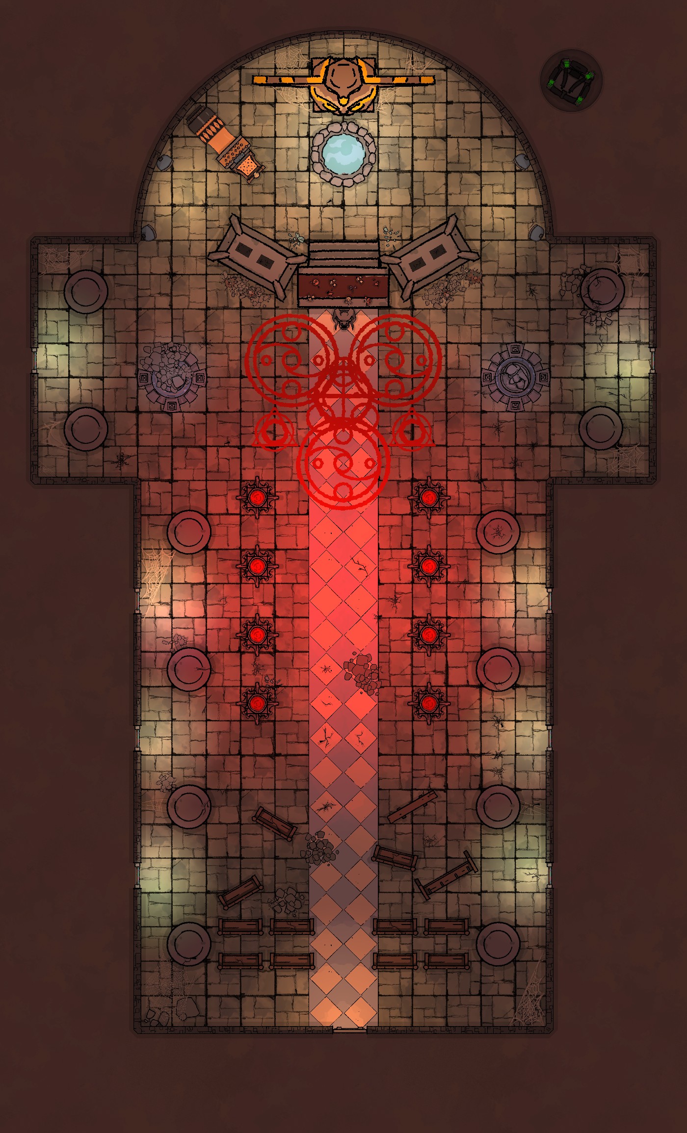ruined church map, carte de JDR post-apocalyptique (1400×2310 pixels) — battlemap pour Roll20 et Foundry VTT.