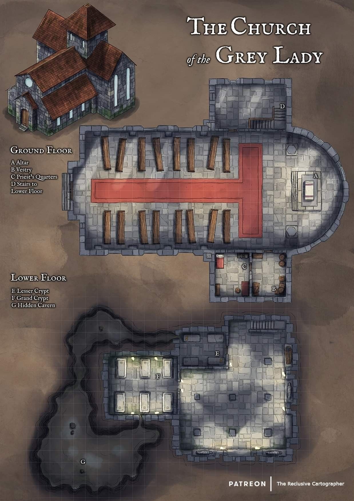 ruined church map, carte de JDR post-apocalyptique (1238×1750 pixels) — battlemap pour Roll20 et Foundry VTT.