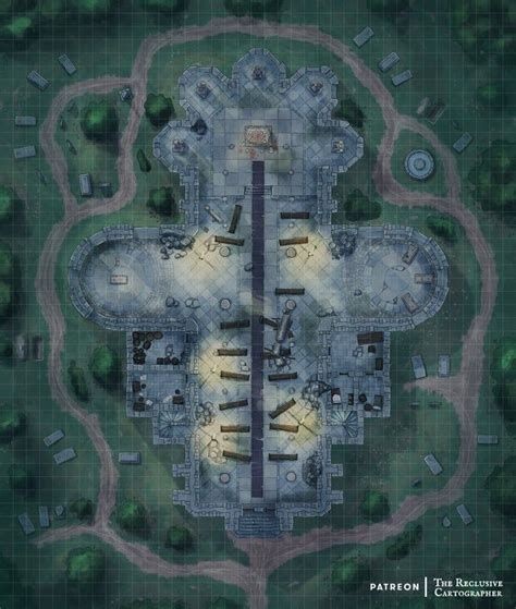 ruined church map, carte de JDR post-apocalyptique (474×559 pixels) — battlemap pour Roll20 et Foundry VTT.