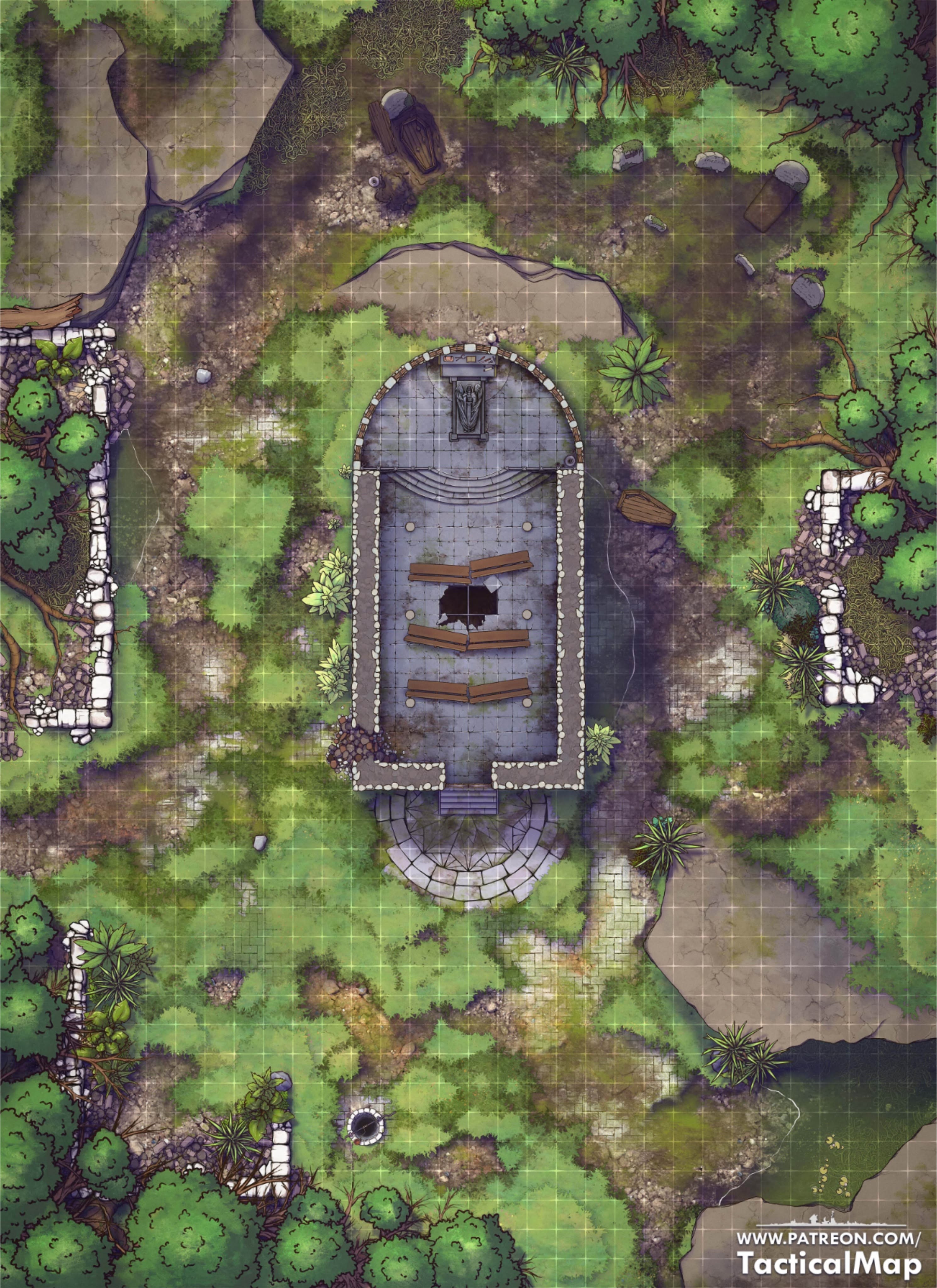 ruined church map, carte de JDR post-apocalyptique (2979×4096 pixels) — battlemap pour Roll20 et Foundry VTT.