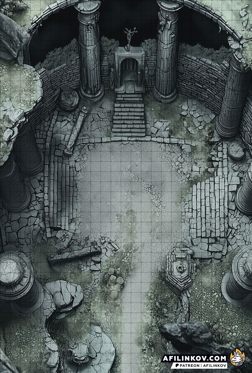 ruined church map, carte de JDR post-apocalyptique (1024×1514 pixels) — battlemap pour Roll20 et Foundry VTT.
