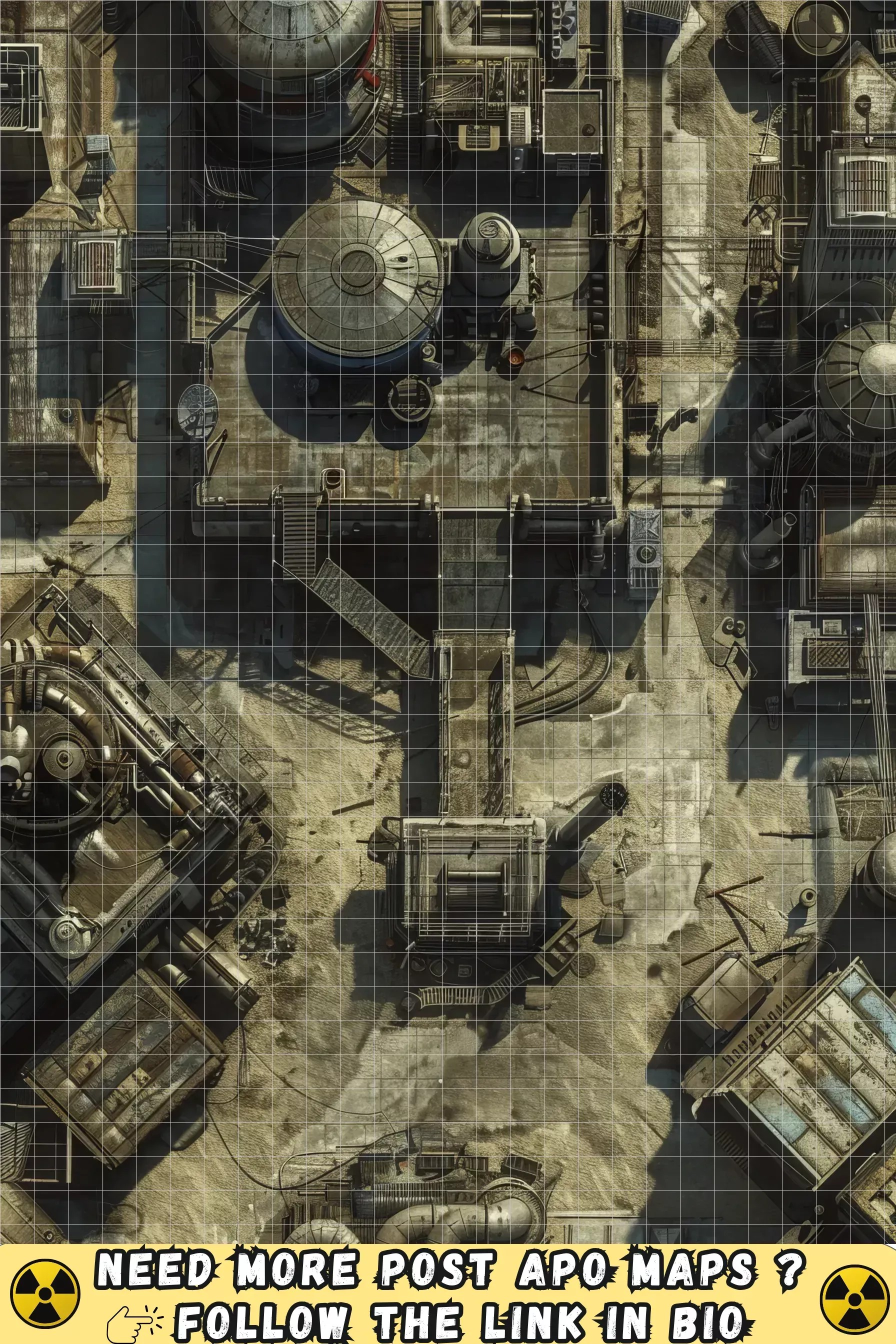 ruined gas station map, carte de JDR post-apocalyptique (1792×2688 pixels) — battlemap pour Roll20 et Foundry VTT.