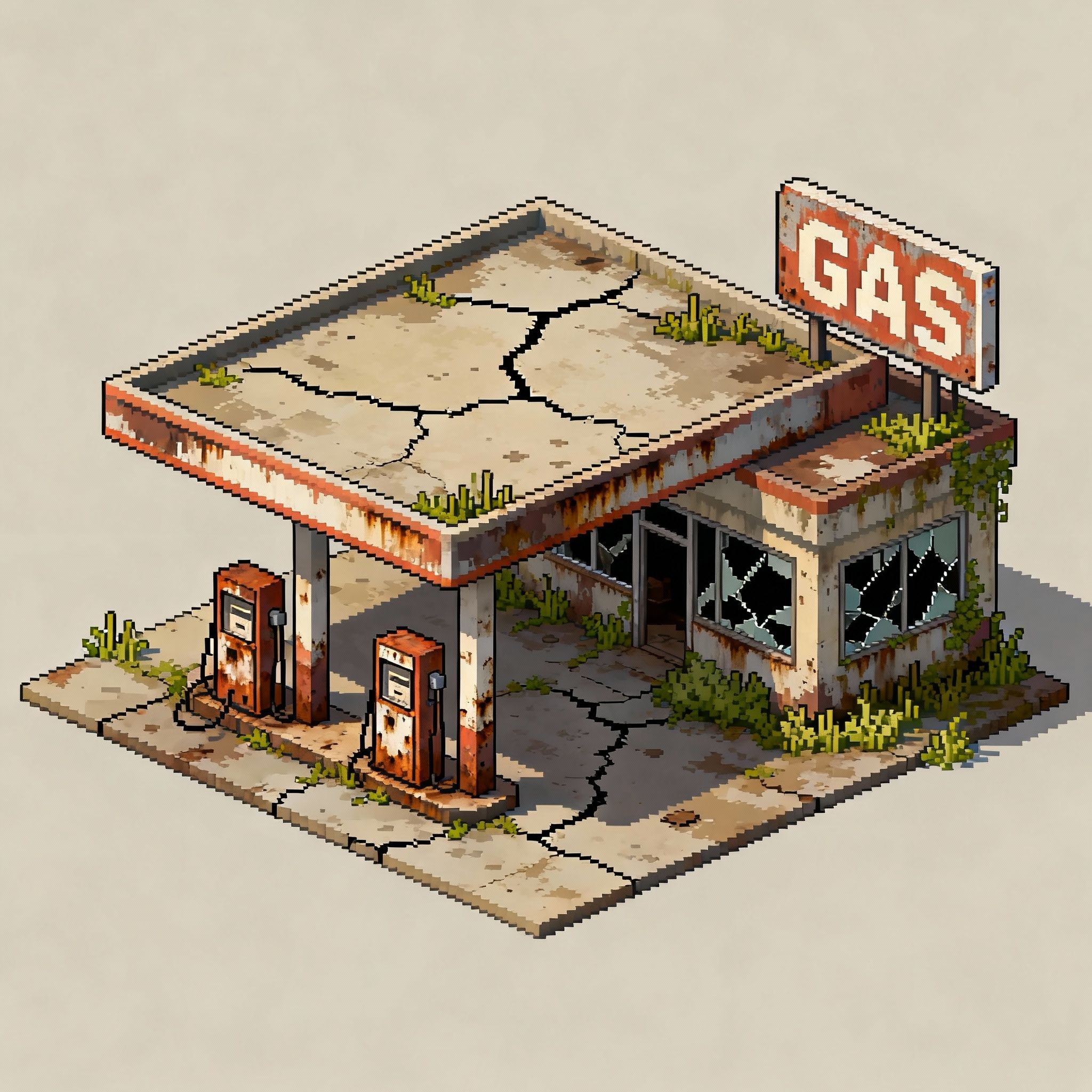 ruined gas station map, carte de JDR post-apocalyptique (2048×2048 pixels) — battlemap pour Roll20 et Foundry VTT.
