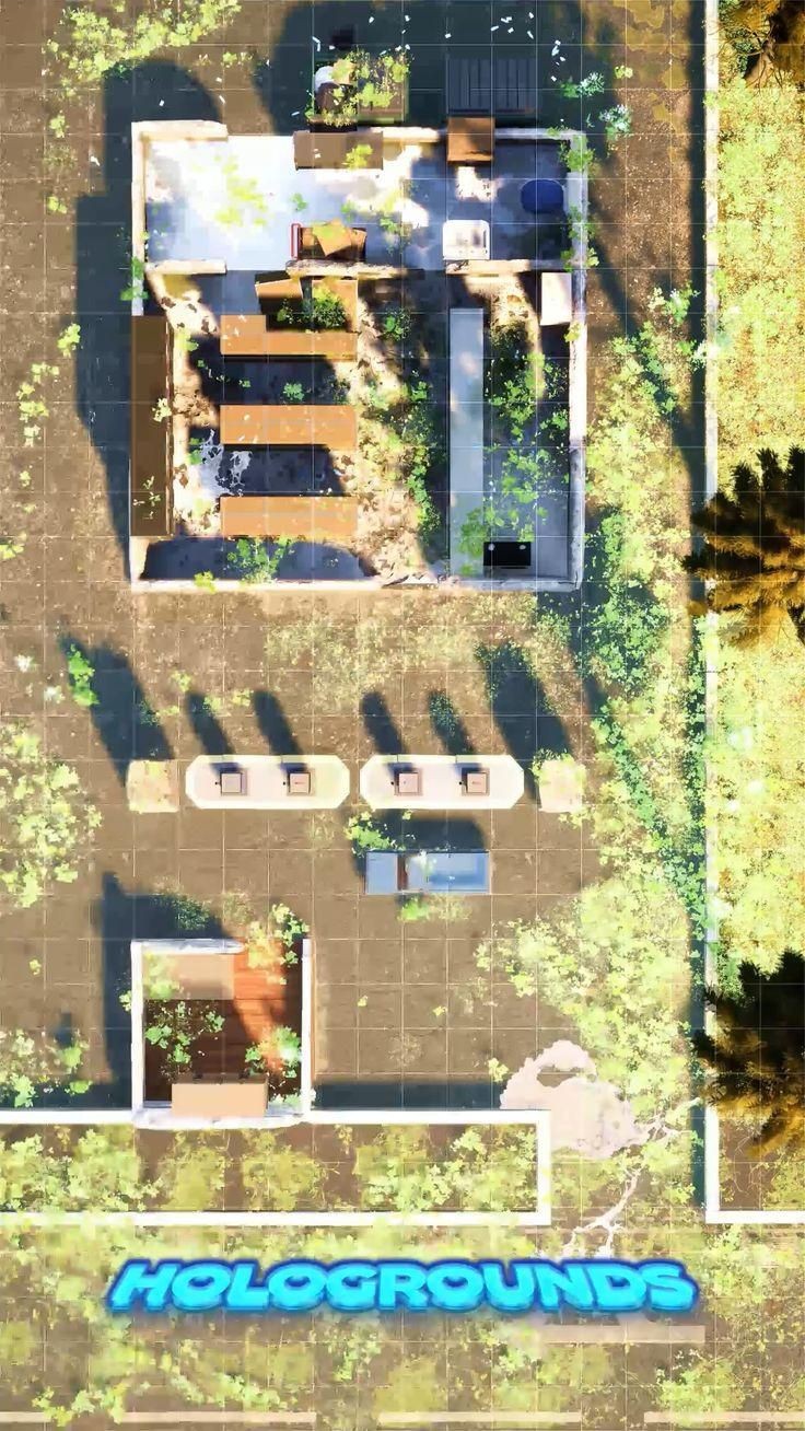 ruined gas station map, carte de JDR post-apocalyptique (736×1308 pixels) — battlemap pour Roll20 et Foundry VTT.