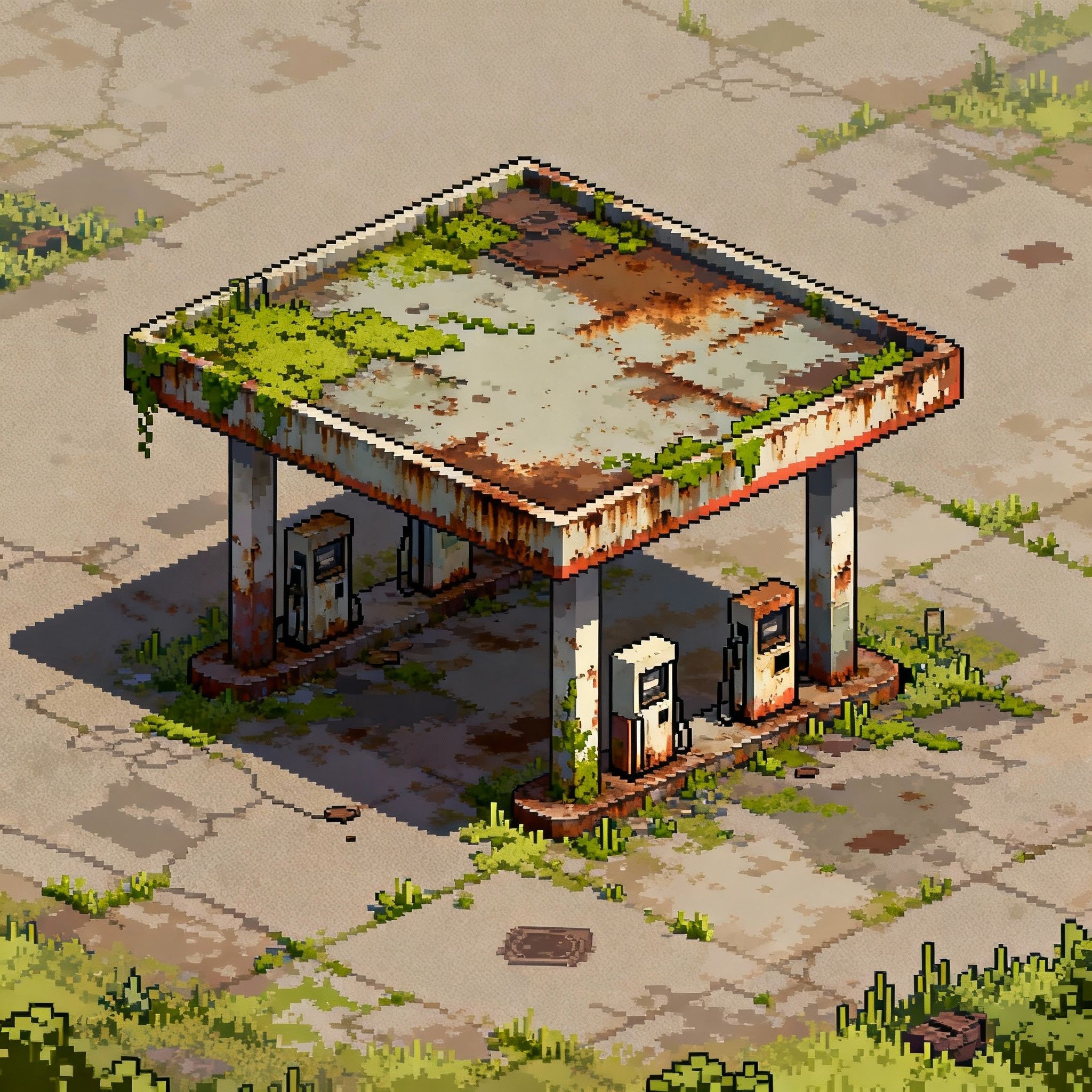 ruined gas station map, carte de JDR post-apocalyptique (2048×2048 pixels) — battlemap pour Roll20 et Foundry VTT.