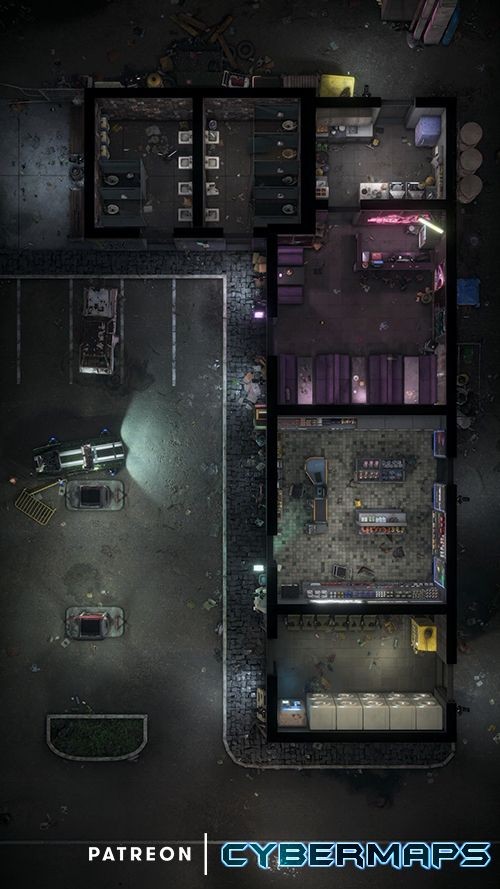 ruined gas station map, carte de JDR post-apocalyptique (500×889 pixels) — battlemap pour Roll20 et Foundry VTT.