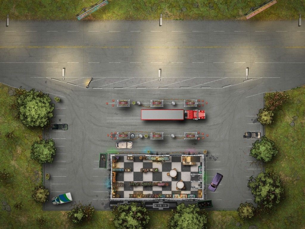 ruined gas station map, carte de JDR post-apocalyptique (1024×768 pixels) — battlemap pour Roll20 et Foundry VTT.