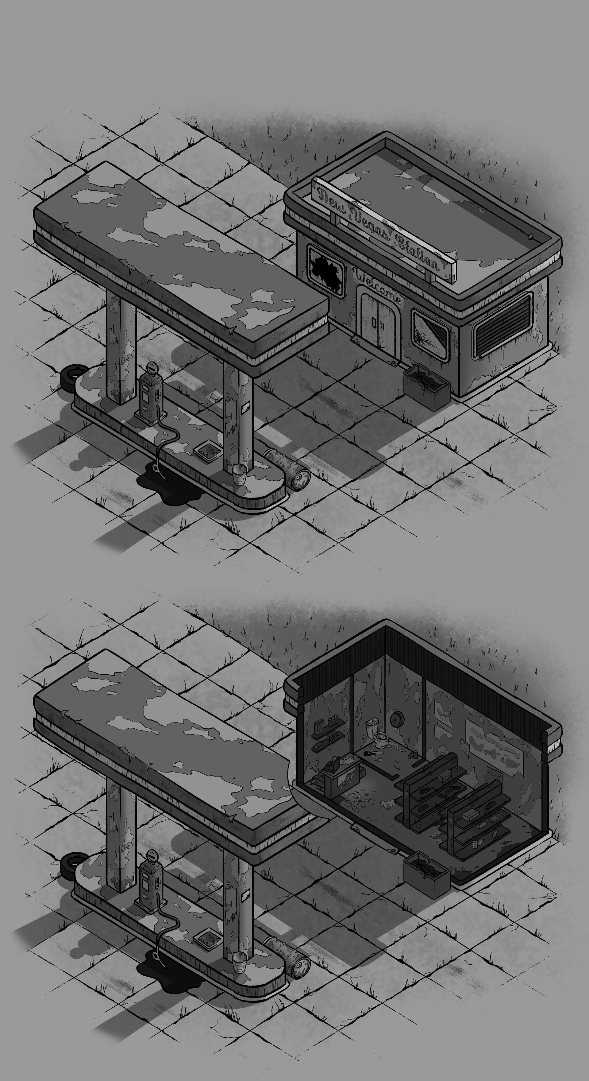 ruined gas station map, carte de JDR post-apocalyptique (1920×3522 pixels) — battlemap pour Roll20 et Foundry VTT.
