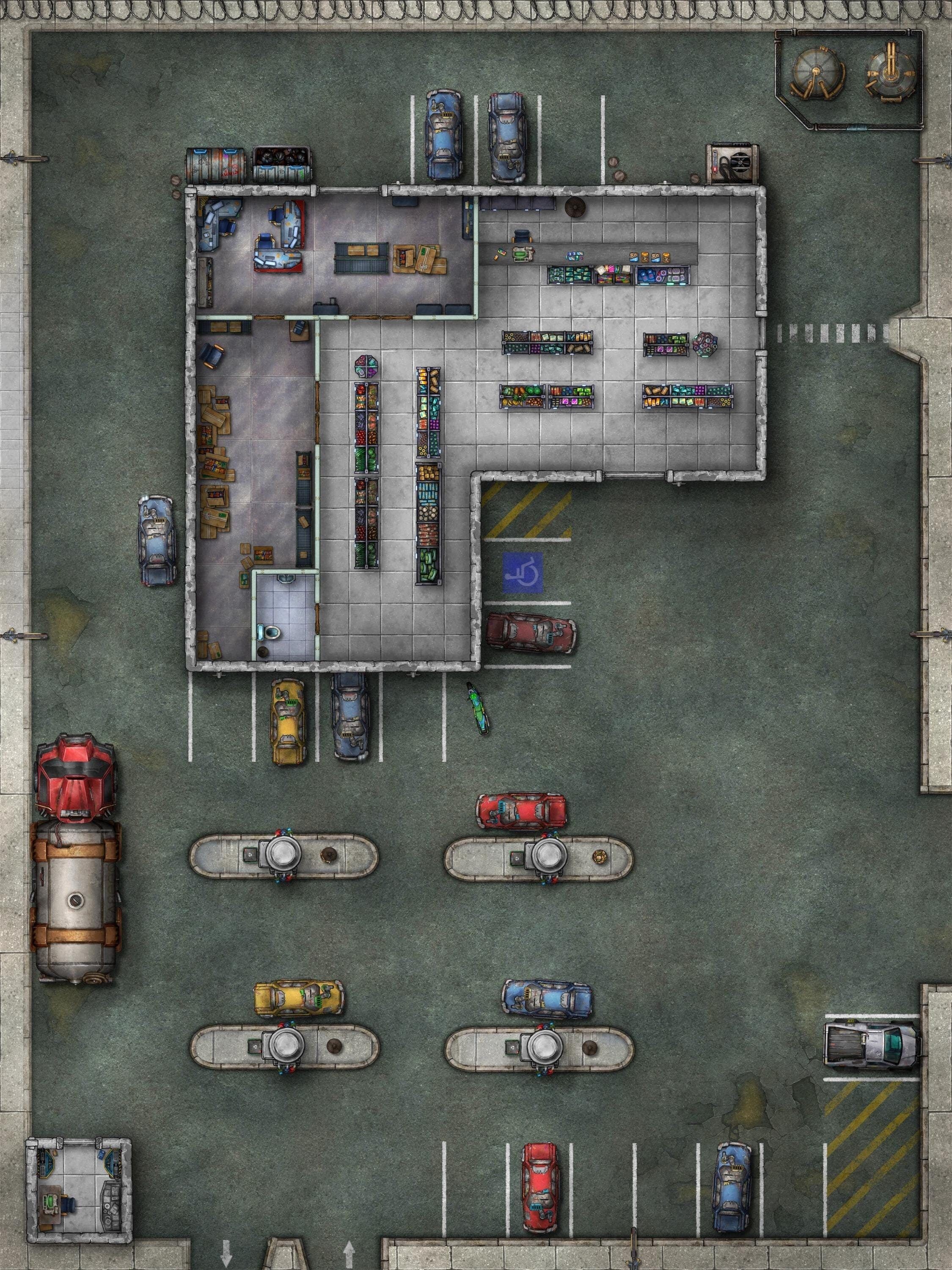 ruined gas station map, carte de JDR post-apocalyptique (2250×3000 pixels) — battlemap pour Roll20 et Foundry VTT.