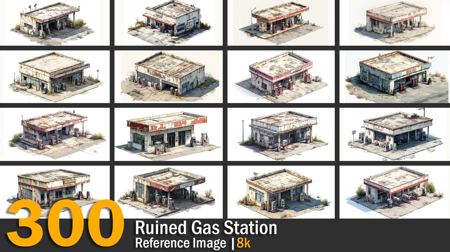 ruined gas station map, carte de JDR post-apocalyptique (1800×1010 pixels) — battlemap pour Roll20 et Foundry VTT.