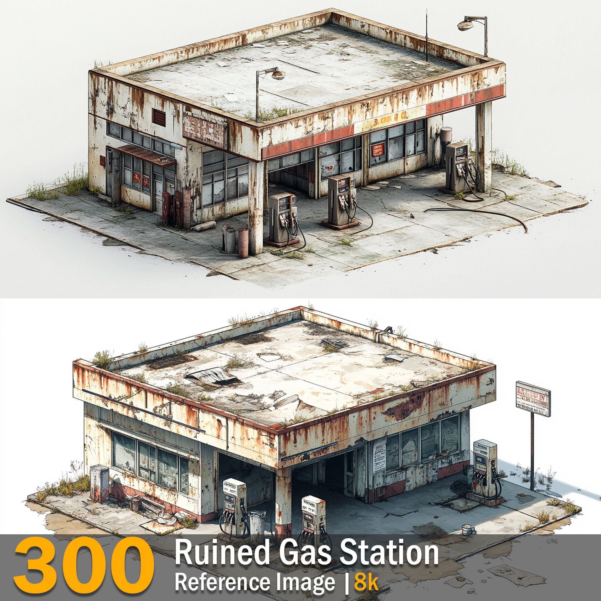 ruined gas station map, carte de JDR post-apocalyptique (1920×1920 pixels) — battlemap pour Roll20 et Foundry VTT.