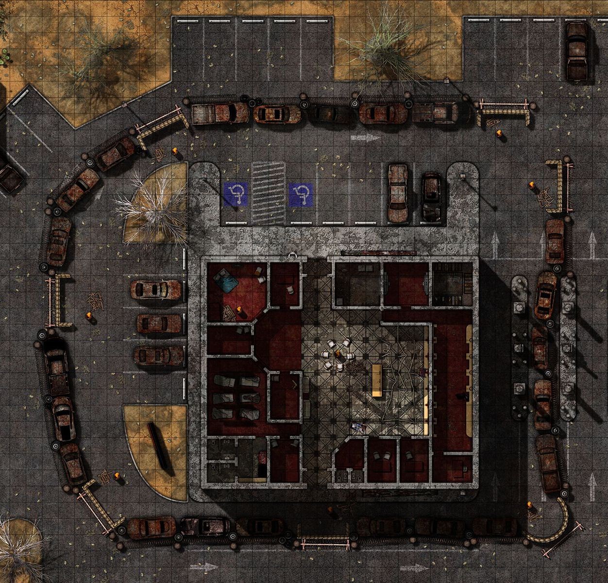 ruined gas station map, carte de JDR post-apocalyptique (1252×1200 pixels) — battlemap pour Roll20 et Foundry VTT.