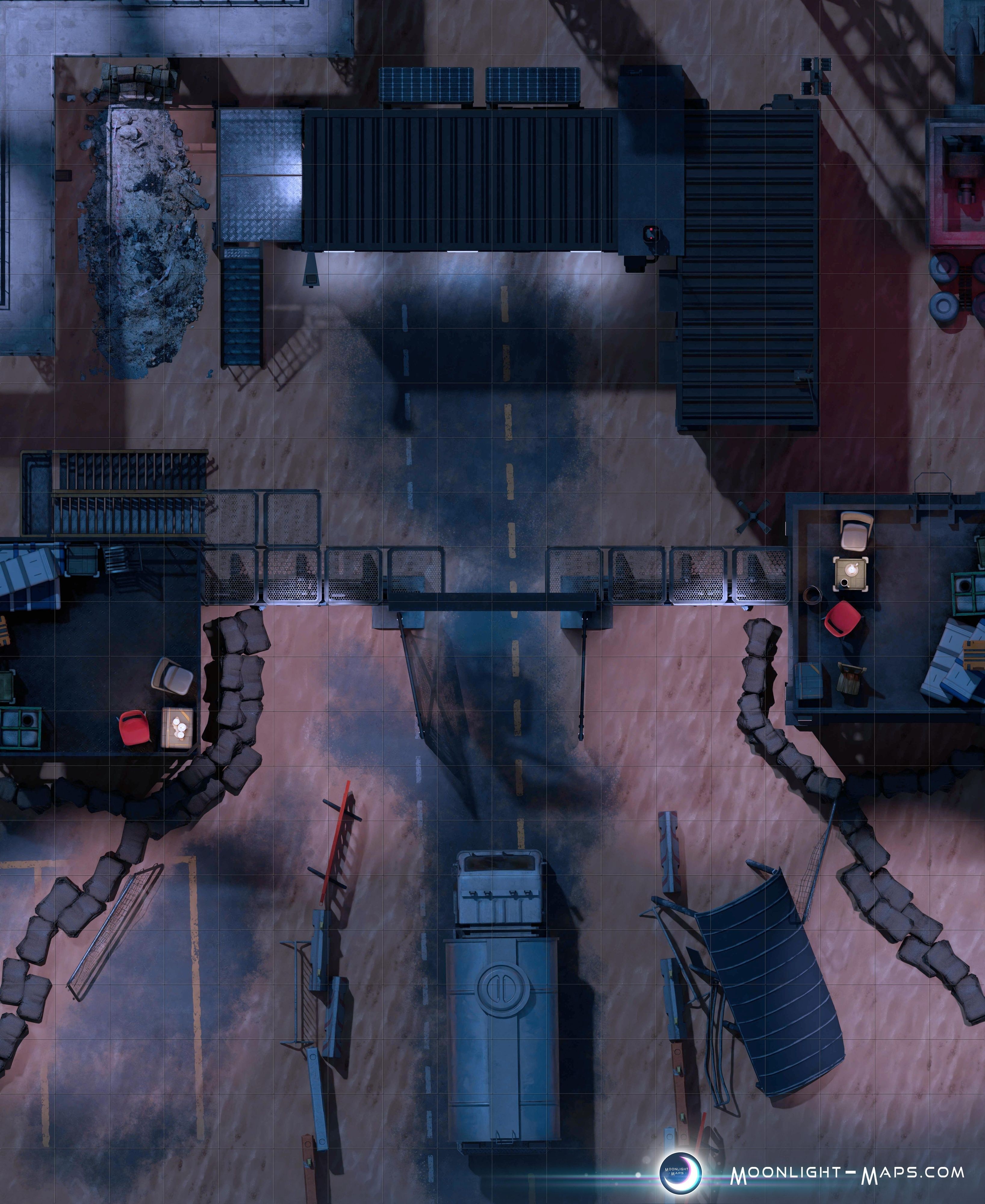 ruined gas station map, carte de JDR post-apocalyptique (3272×4000 pixels) — battlemap pour Roll20 et Foundry VTT.