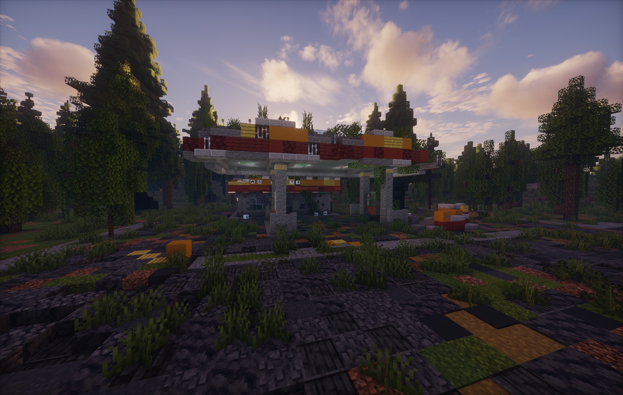 ruined gas station map, carte de JDR post-apocalyptique (2144×1360 pixels) — battlemap pour Roll20 et Foundry VTT.
