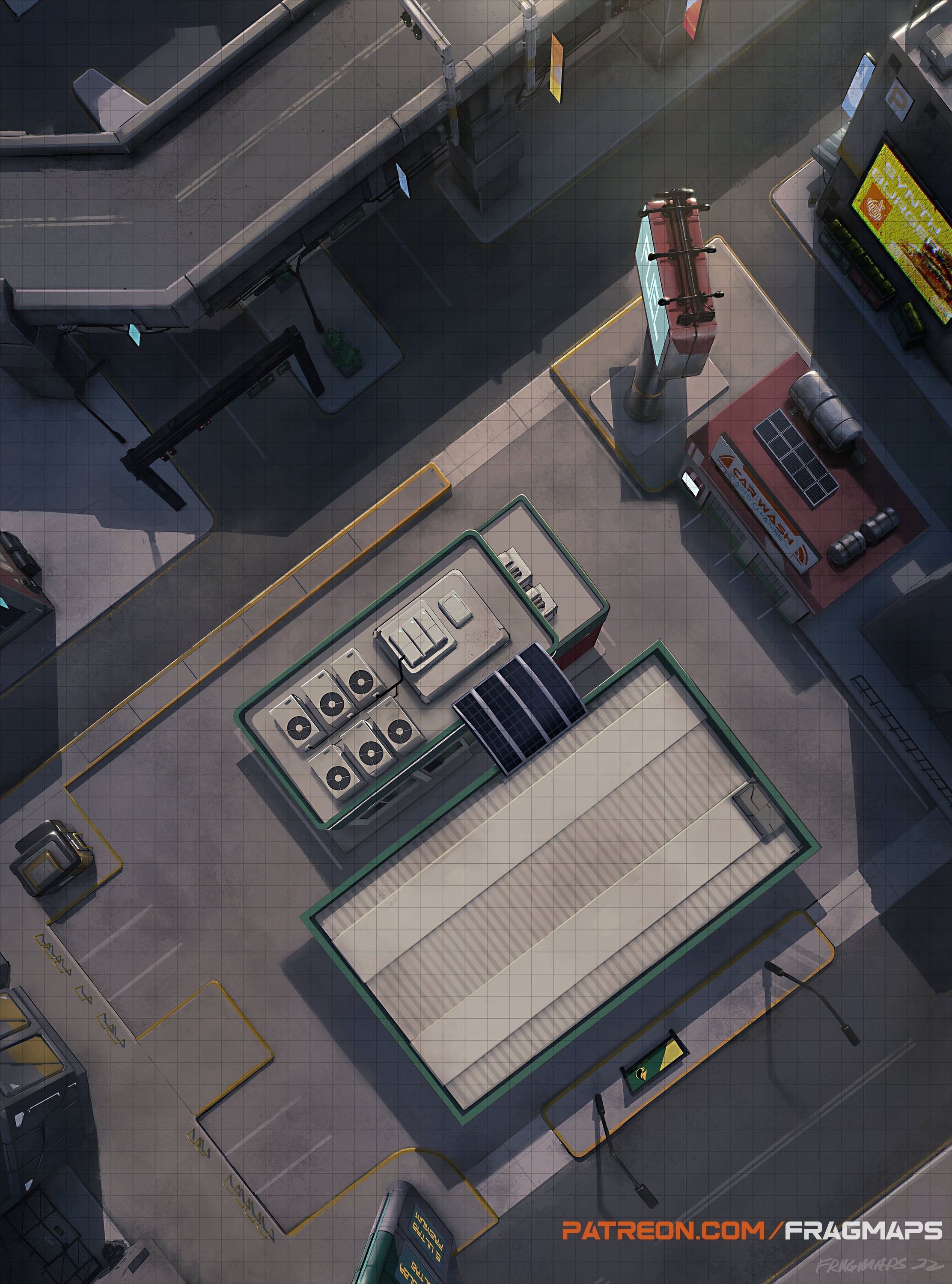 ruined gas station map, carte de JDR post-apocalyptique (2224×3000 pixels) — battlemap pour Roll20 et Foundry VTT.