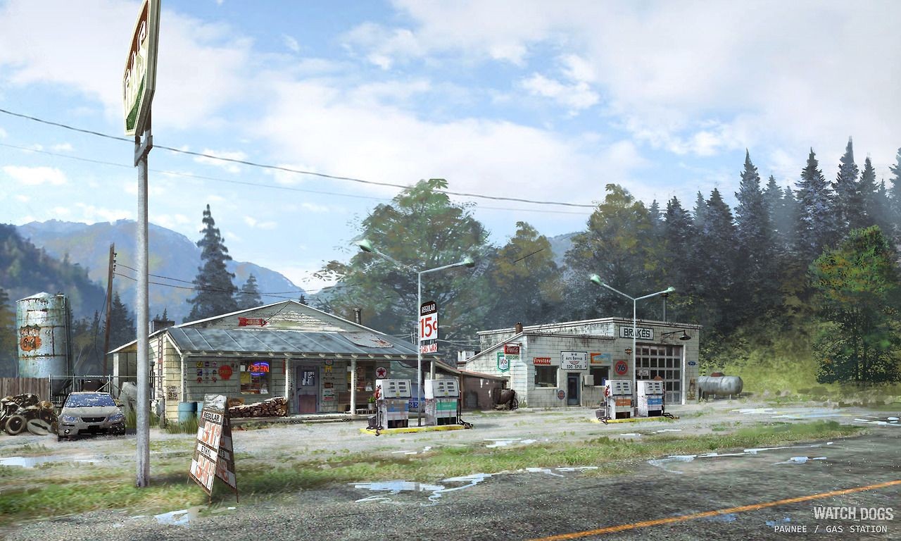 ruined gas station map, carte de JDR post-apocalyptique (1280×768 pixels) — battlemap pour Roll20 et Foundry VTT.