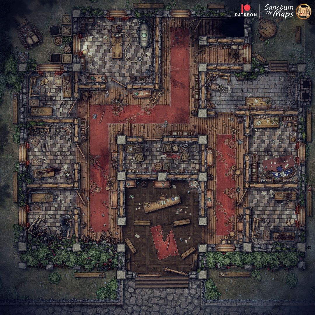 ruined hospital map, carte de JDR post-apocalyptique (1080×1080 pixels) — battlemap pour Roll20 et Foundry VTT.