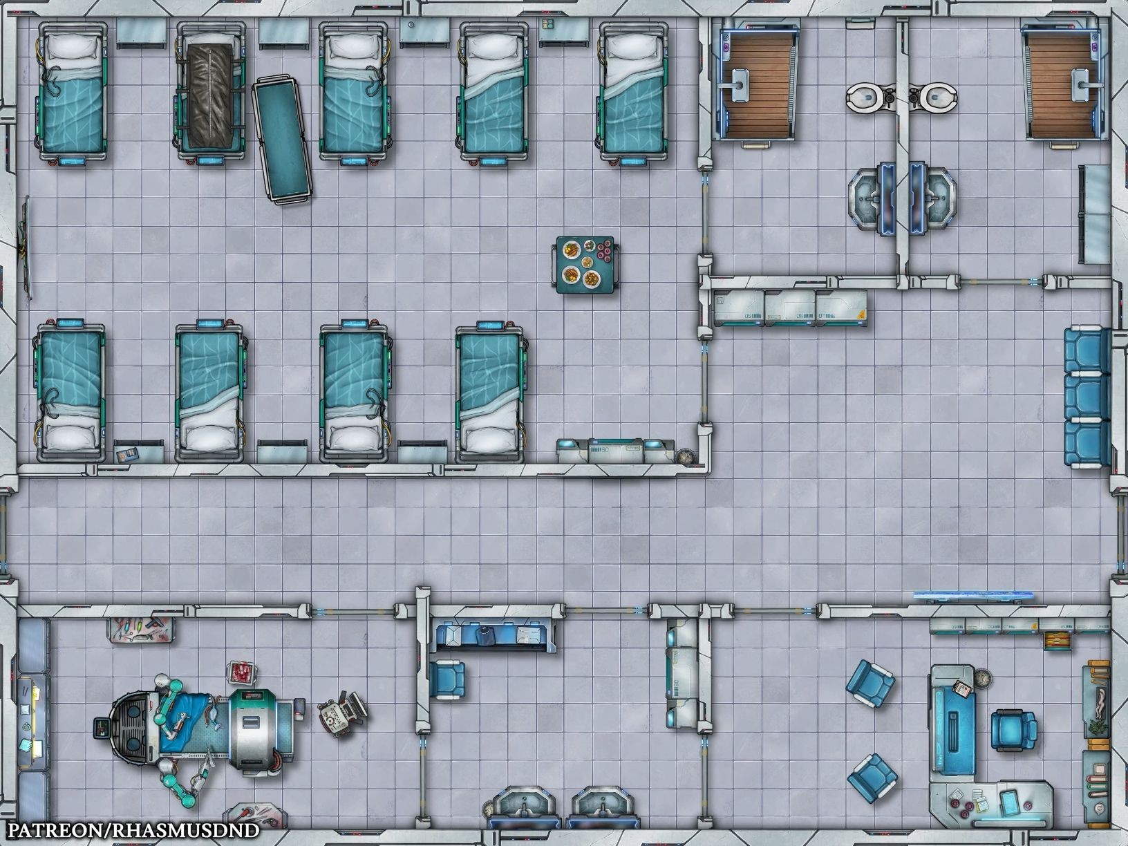 ruined hospital map, carte de JDR post-apocalyptique (1632×1224 pixels) — battlemap pour Roll20 et Foundry VTT.