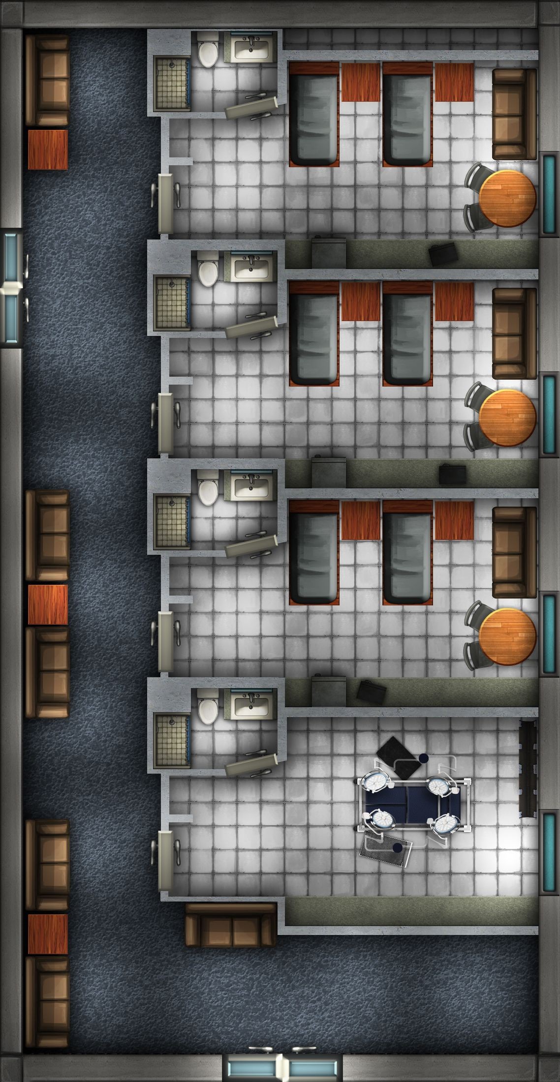 ruined hospital map, carte de JDR post-apocalyptique (1138×2200 pixels) — battlemap pour Roll20 et Foundry VTT.