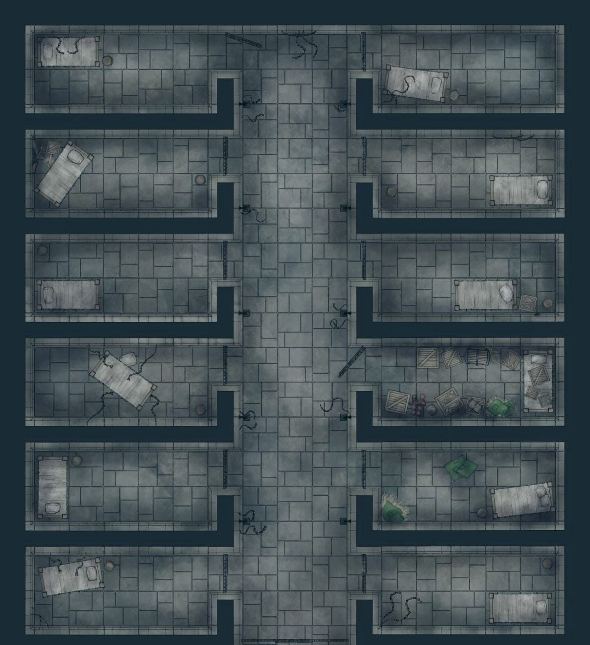 ruined hospital map, carte de JDR post-apocalyptique (1172×1280 pixels) — battlemap pour Roll20 et Foundry VTT.