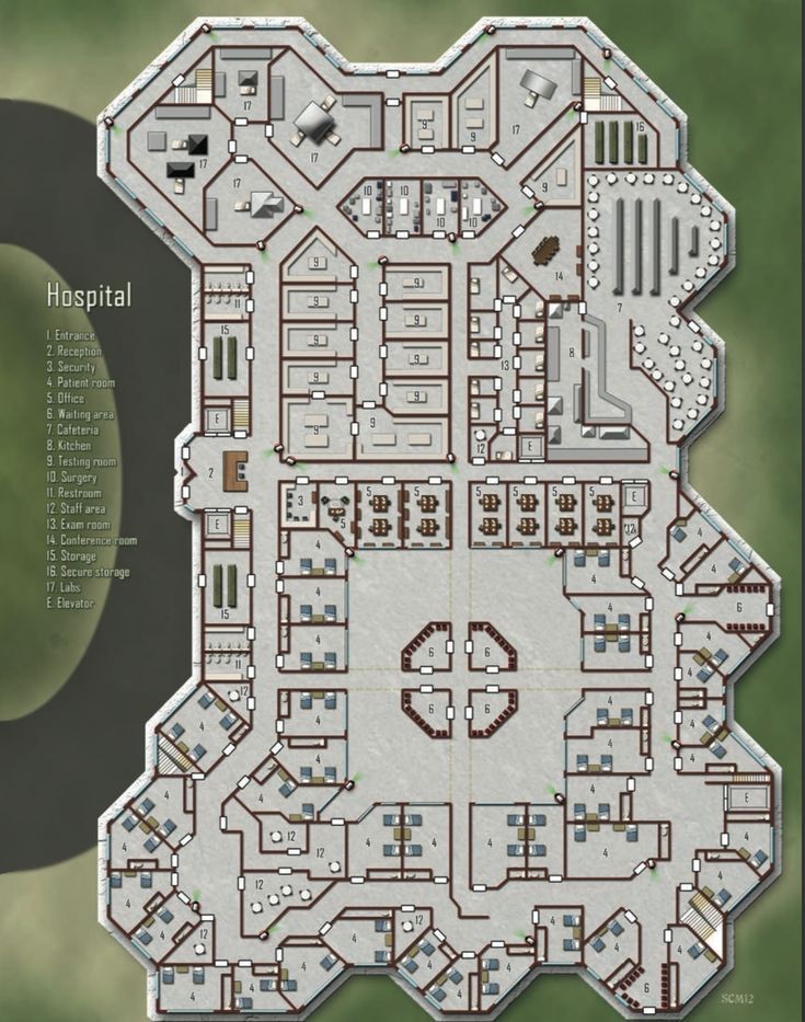 ruined hospital map, carte de JDR post-apocalyptique (735×933 pixels) — battlemap pour Roll20 et Foundry VTT.