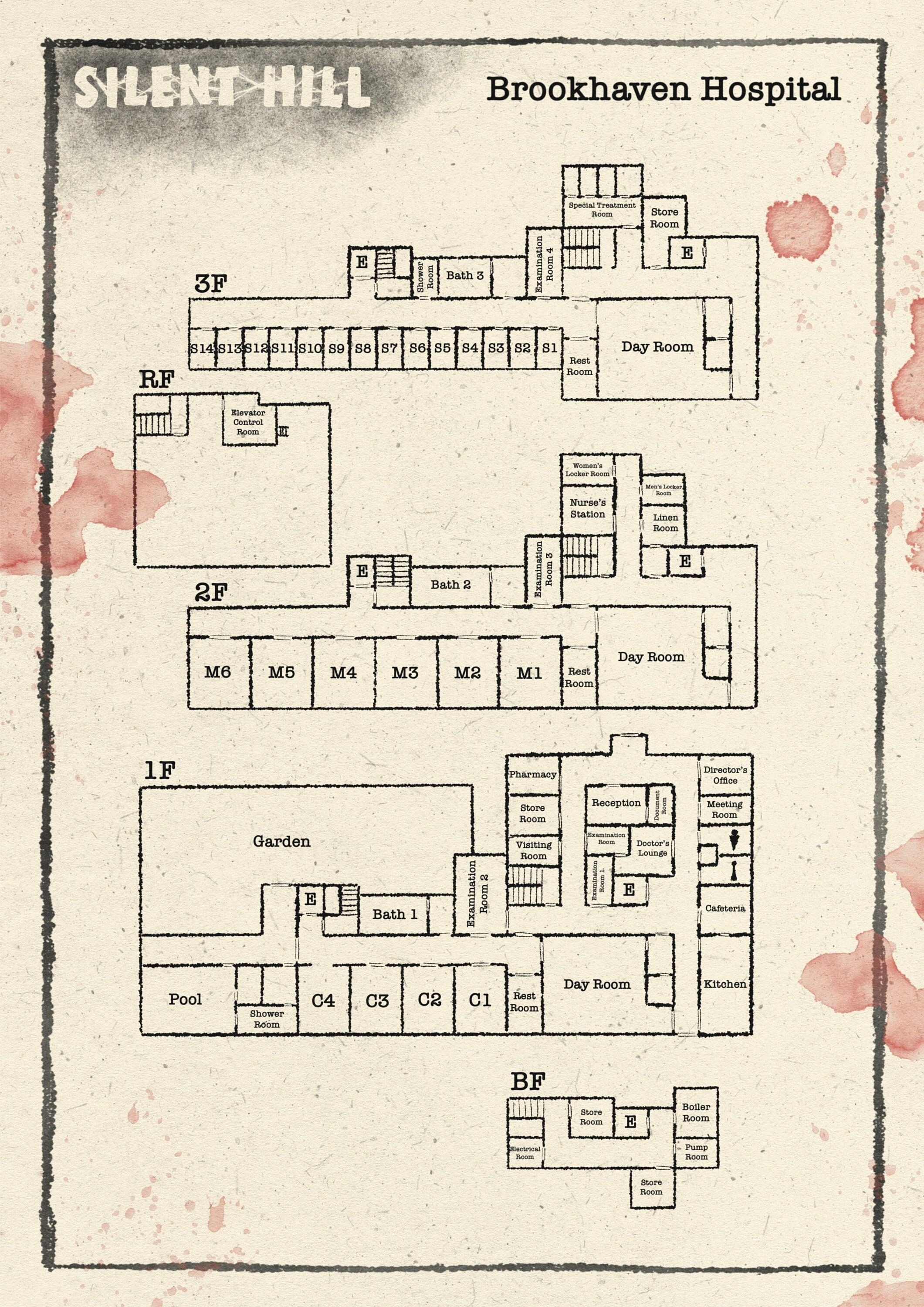 ruined hospital map, carte de JDR post-apocalyptique (2121×3000 pixels) — battlemap pour Roll20 et Foundry VTT.
