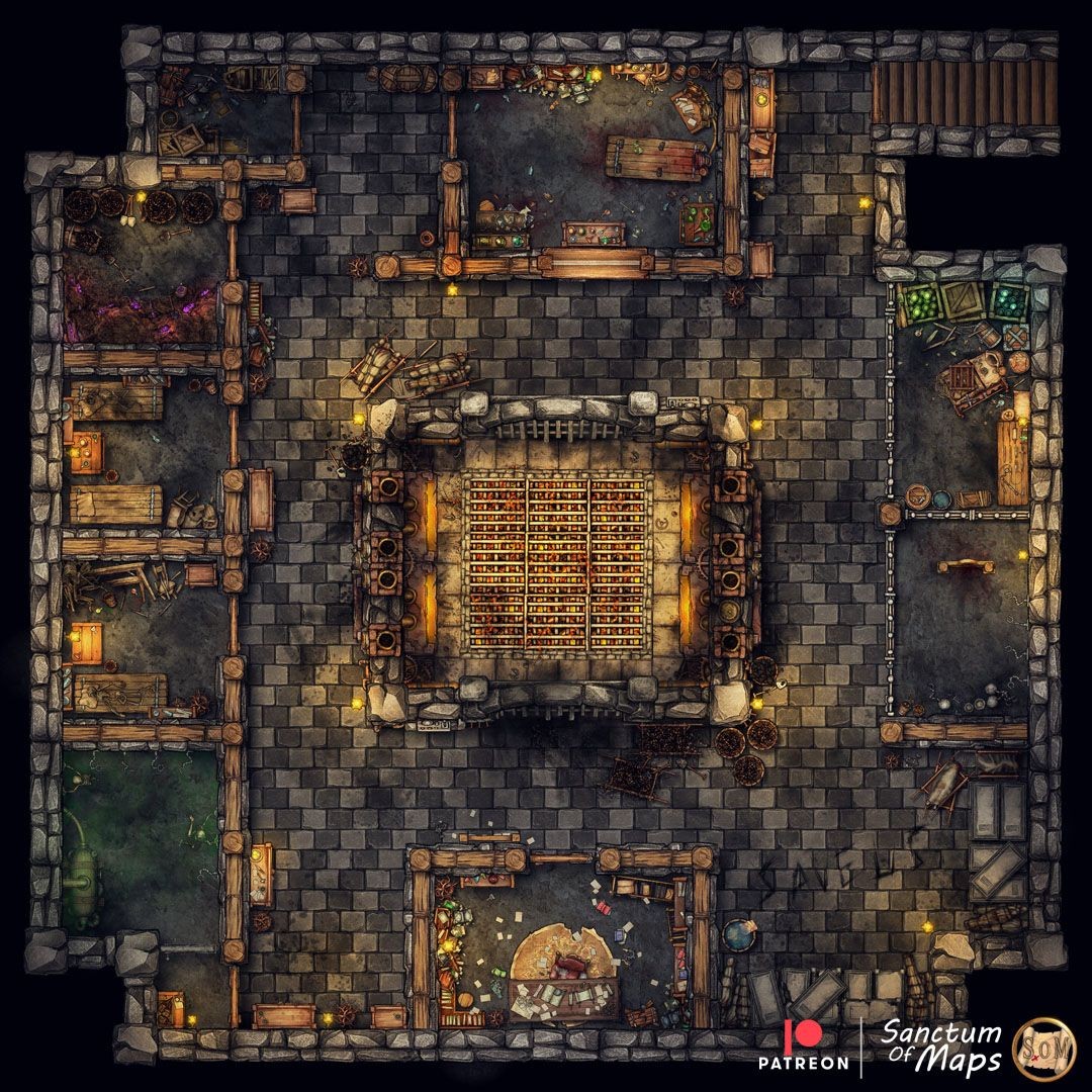 ruined hospital map, carte de JDR post-apocalyptique (1080×1080 pixels) — battlemap pour Roll20 et Foundry VTT.