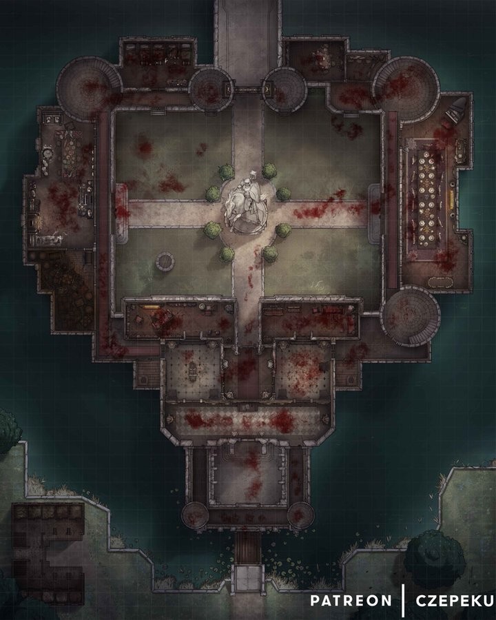 ruined hospital map, carte de JDR post-apocalyptique (720×900 pixels) — battlemap pour Roll20 et Foundry VTT.