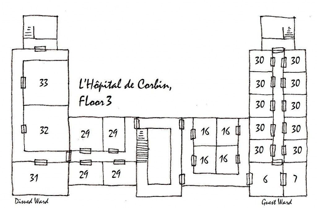ruined hospital map, carte de JDR post-apocalyptique (1024×673 pixels) — battlemap pour Roll20 et Foundry VTT.